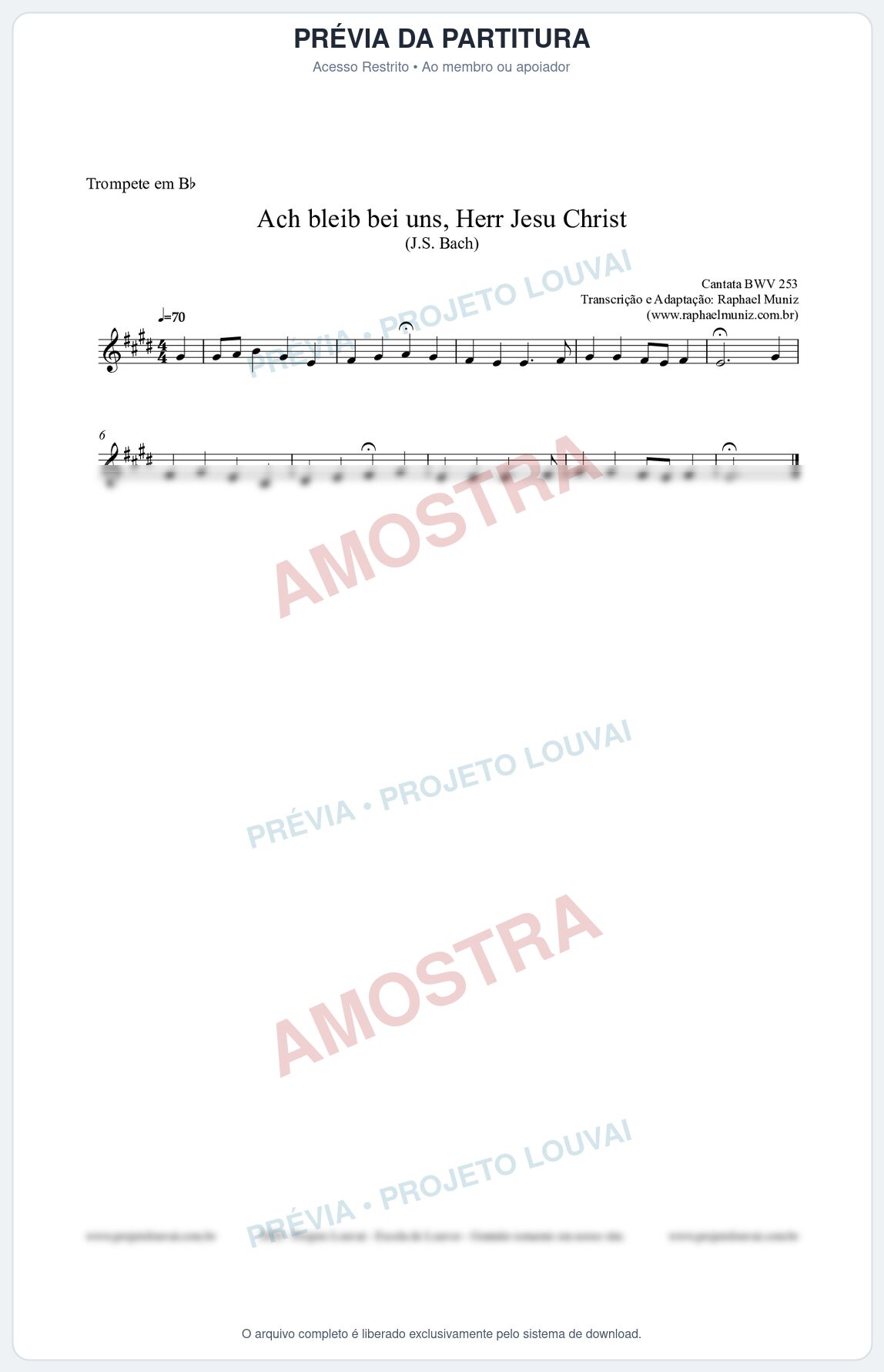 Prévia protegida da primeira página da partitura Partitura para Trompete em Bb - Ach bleib bei uns, Herr Jesu Christ (BWV 253) (Tom D) - Johann Sebastian Bach