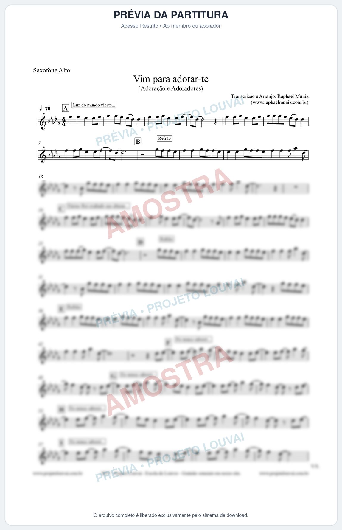 Prévia protegida da primeira página da partitura Partitura para Sax Alto - Vim para Adorar-te - Adoração e Adoradores