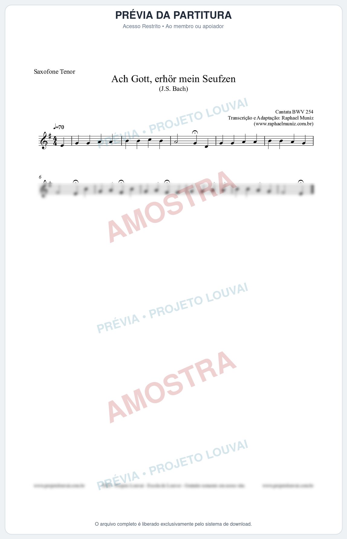 Prévia protegida da primeira página da partitura Partitura para Saxofone Tenor - Ach Gott, erhör mein Seufzen (BWV 254) (Tom Dm) - Johann Sebastian Bach