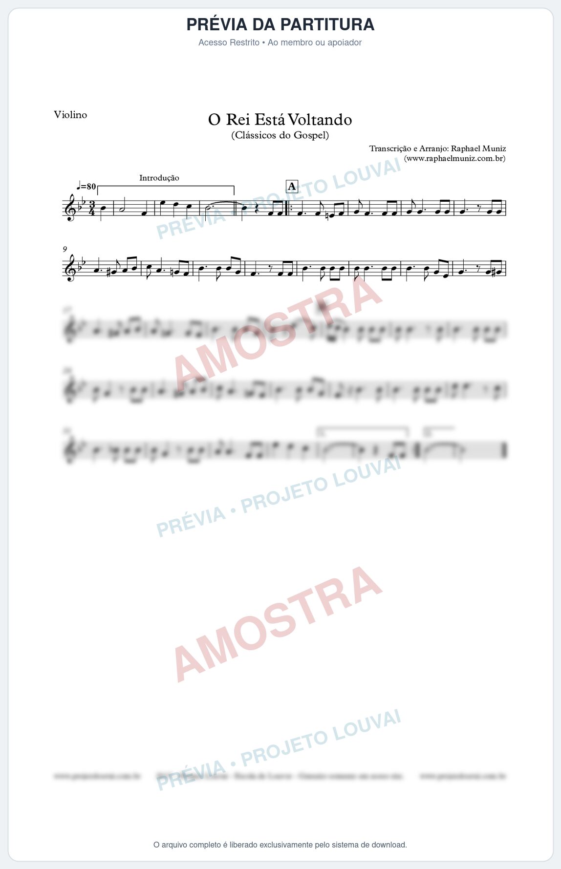 Prévia protegida da primeira página da partitura Partitura para Violino - O Rei está voltando - Clássicos do Gospel