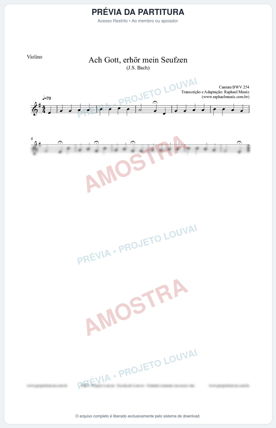 Prévia protegida da primeira página da partitura Partitura para Violino - Ach Gott, erhör mein Seufzen (BWV 254) (Tom Em) - Johann Sebastian Bach