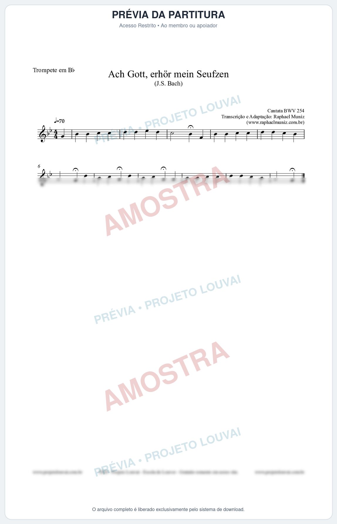 Prévia protegida da primeira página da partitura Partitura para Trompete em Bb - Ach Gott, erhör mein Seufzen (BWV 254) (Tom Fm) - Johann Sebastian Bach