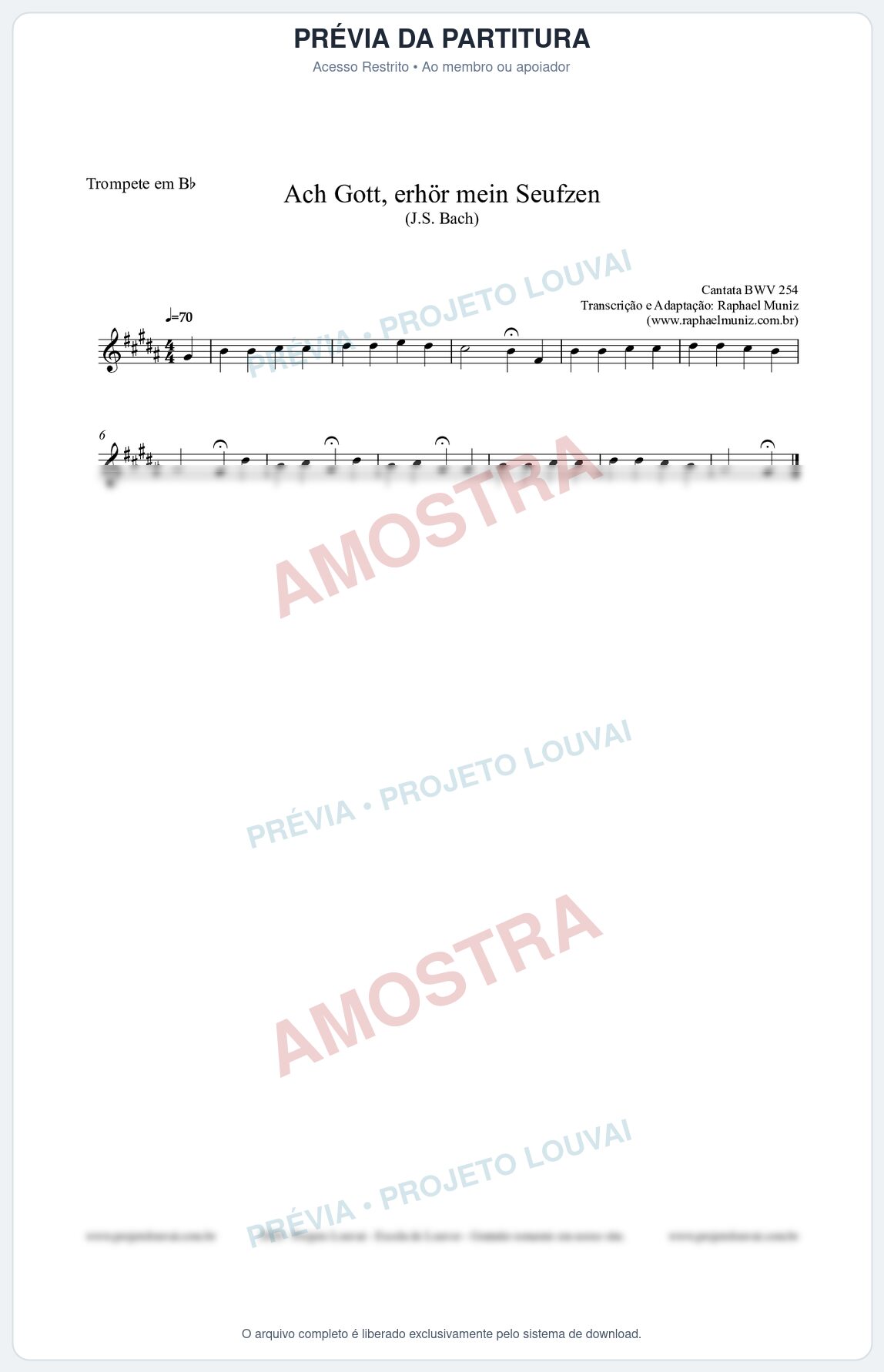 Prévia protegida da primeira página da partitura Partitura para Trompete em Bb - Ach Gott, erhör mein Seufzen (BWV 254) (Tom F#m) - Johann Sebastian Bach