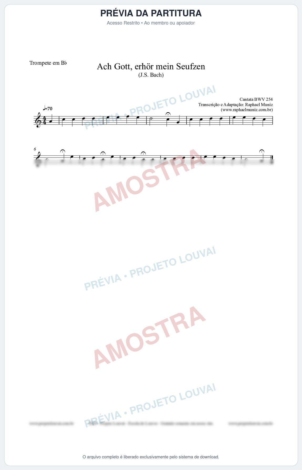 Prévia protegida da primeira página da partitura Partitura para Trompete em Bb - Ach Gott, erhör mein Seufzen (BWV 254) (Tom Gm) - Johann Sebastian Bach
