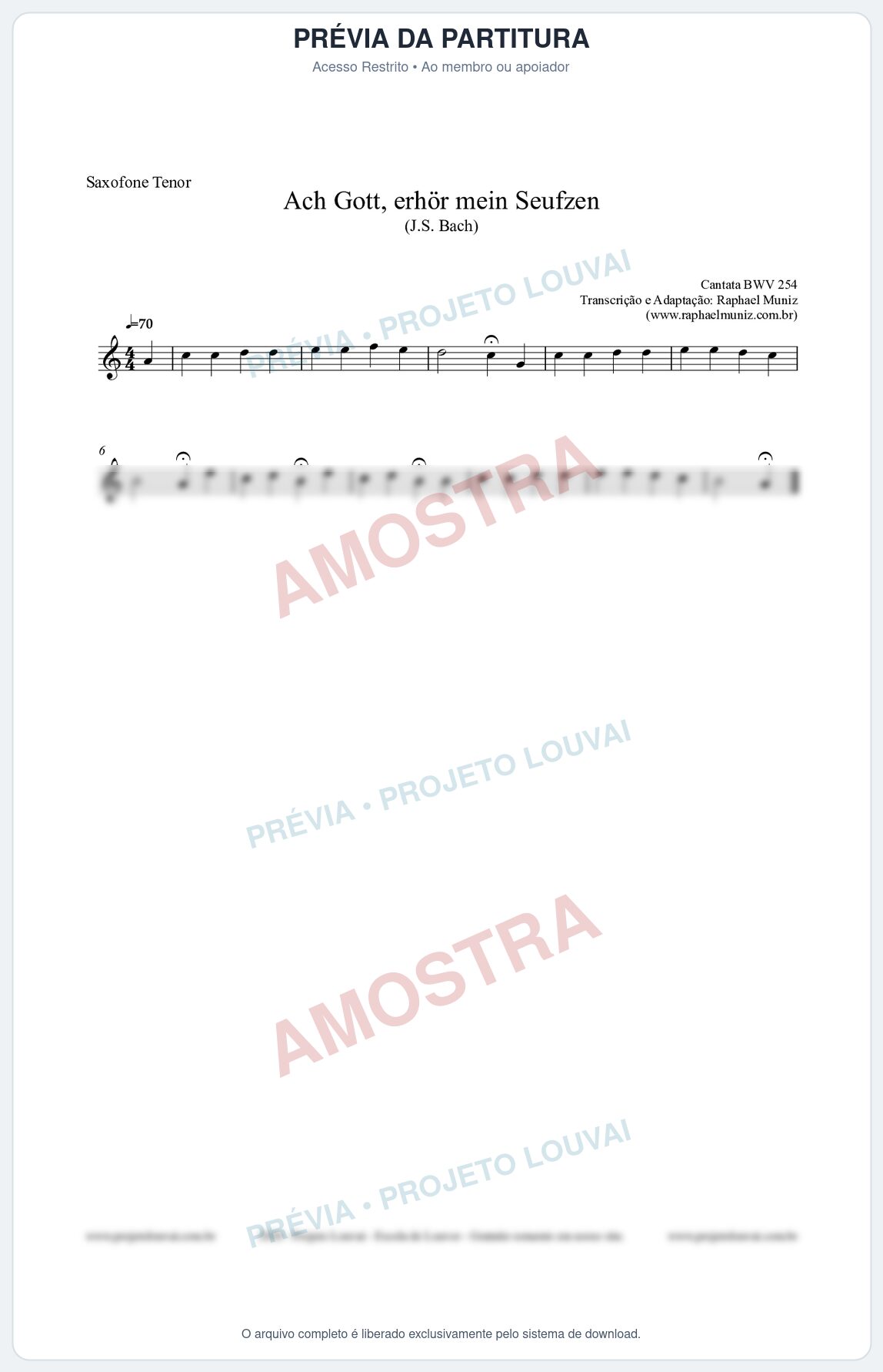 Prévia protegida da primeira página da partitura Partitura para Saxofone Tenor - Ach Gott, erhör mein Seufzen (BWV 254) (Tom Gm) - Johann Sebastian Bach
