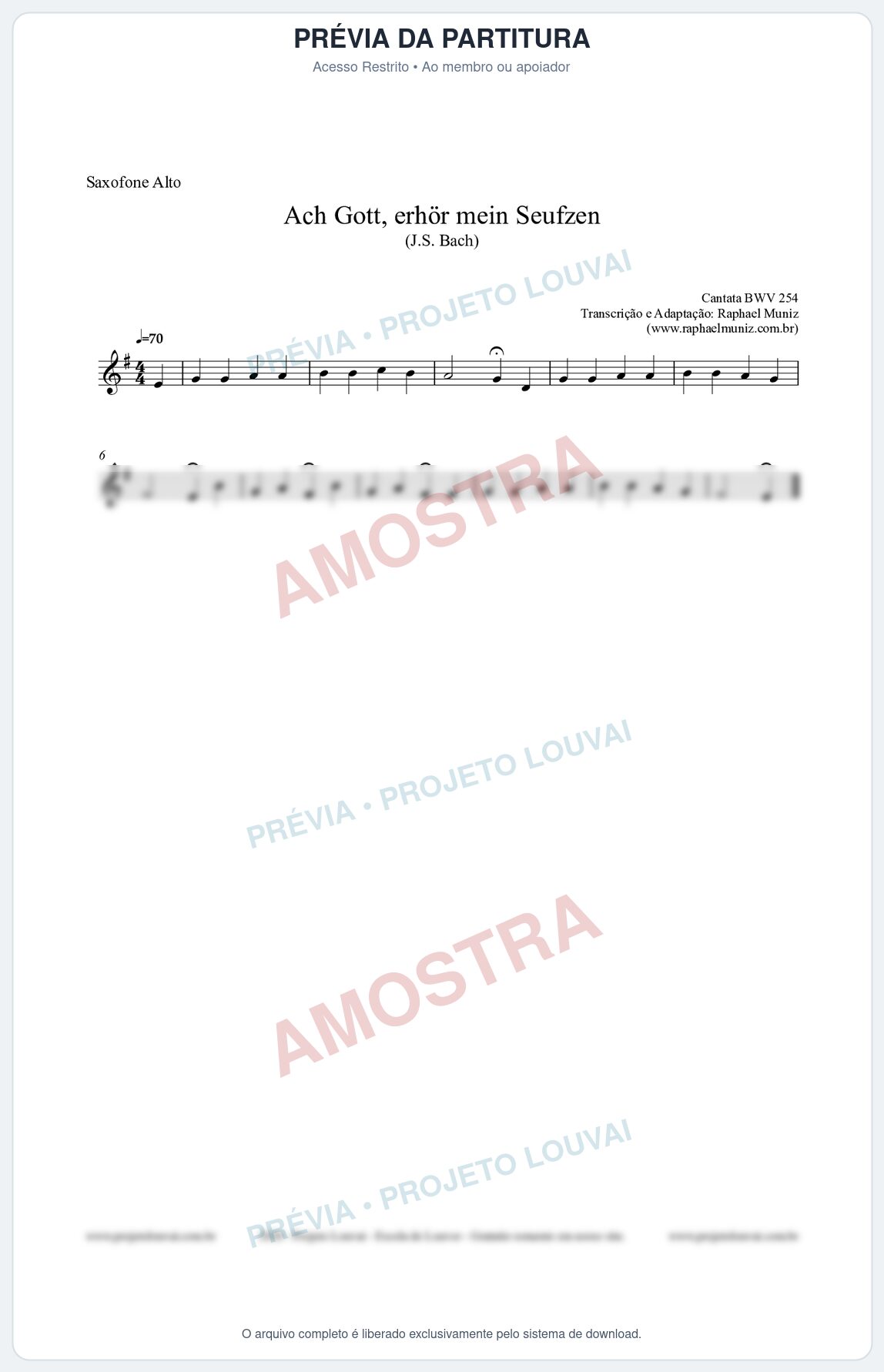 Prévia protegida da primeira página da partitura Partitura para Saxofone Alto - Ach Gott, erhör mein Seufzen (BWV 254) (Tom Gm) - Johann Sebastian Bach