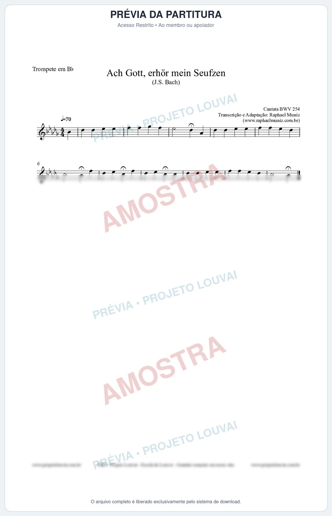 Prévia protegida da primeira página da partitura Partitura para Trompete em Bb - Ach Gott, erhör mein Seufzen (BWV 254) (Tom G#m) - Johann Sebastian Bach