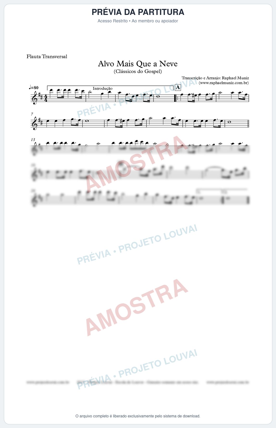 Prévia protegida da primeira página da partitura Partitura para Flauta Transversal - Alvo Mais que a Neve - Clássicos do Gospel