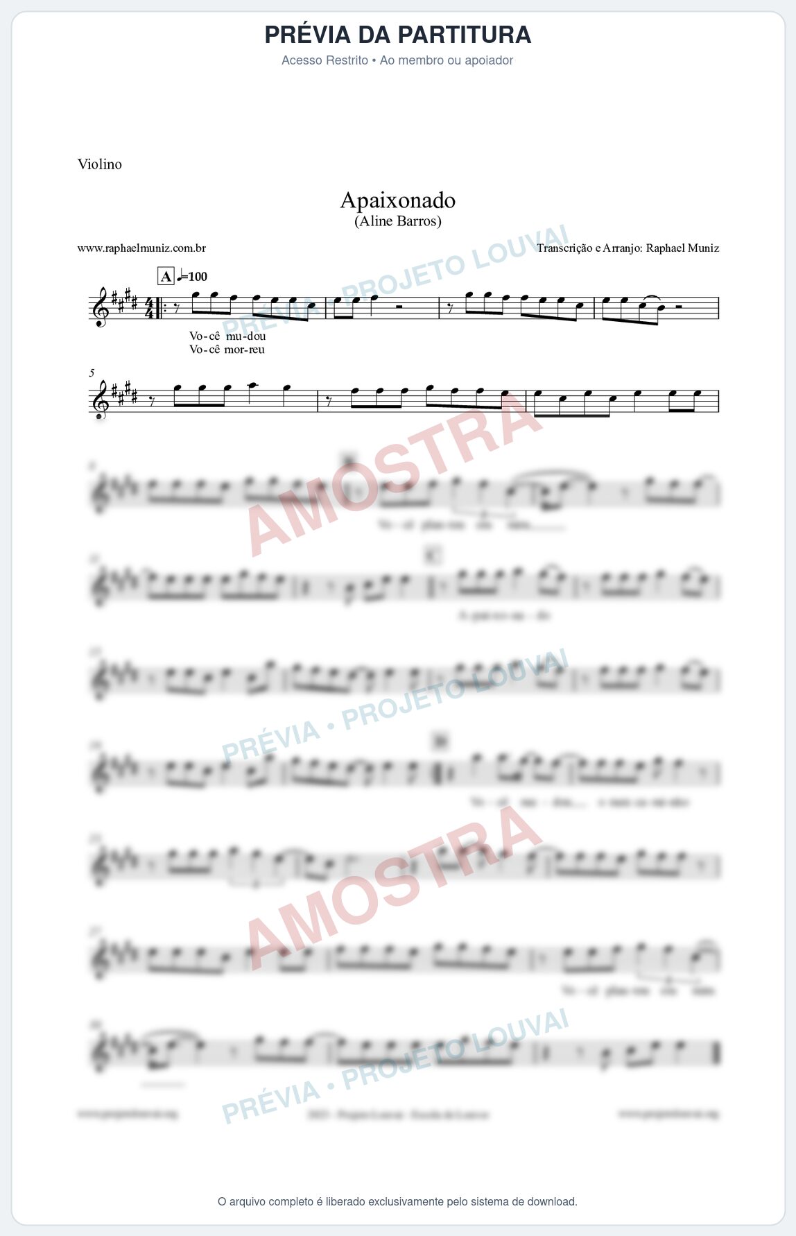 Prévia protegida da primeira página da partitura Partitura para Violino - Apaixonado - Aline Barros