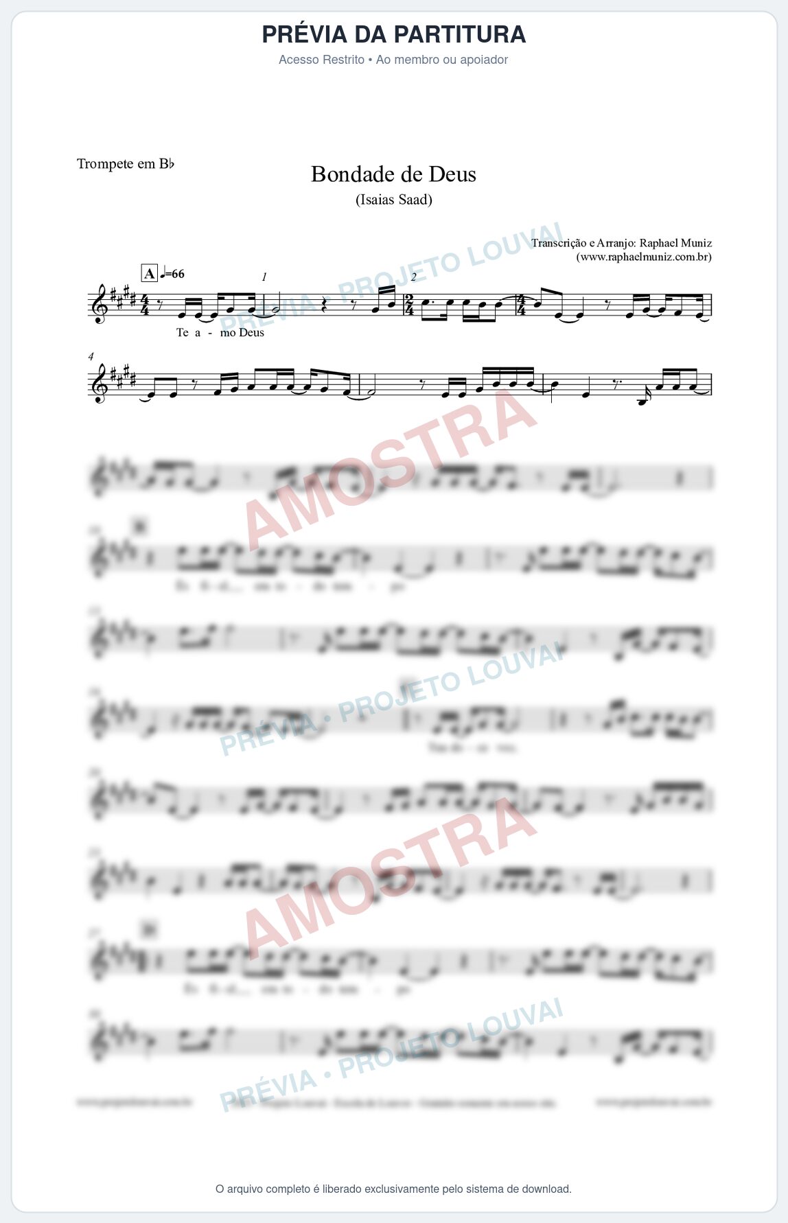 Prévia protegida da primeira página da partitura Partitura para Trompete em Bb - Bondade de Deus - Isaías Saad