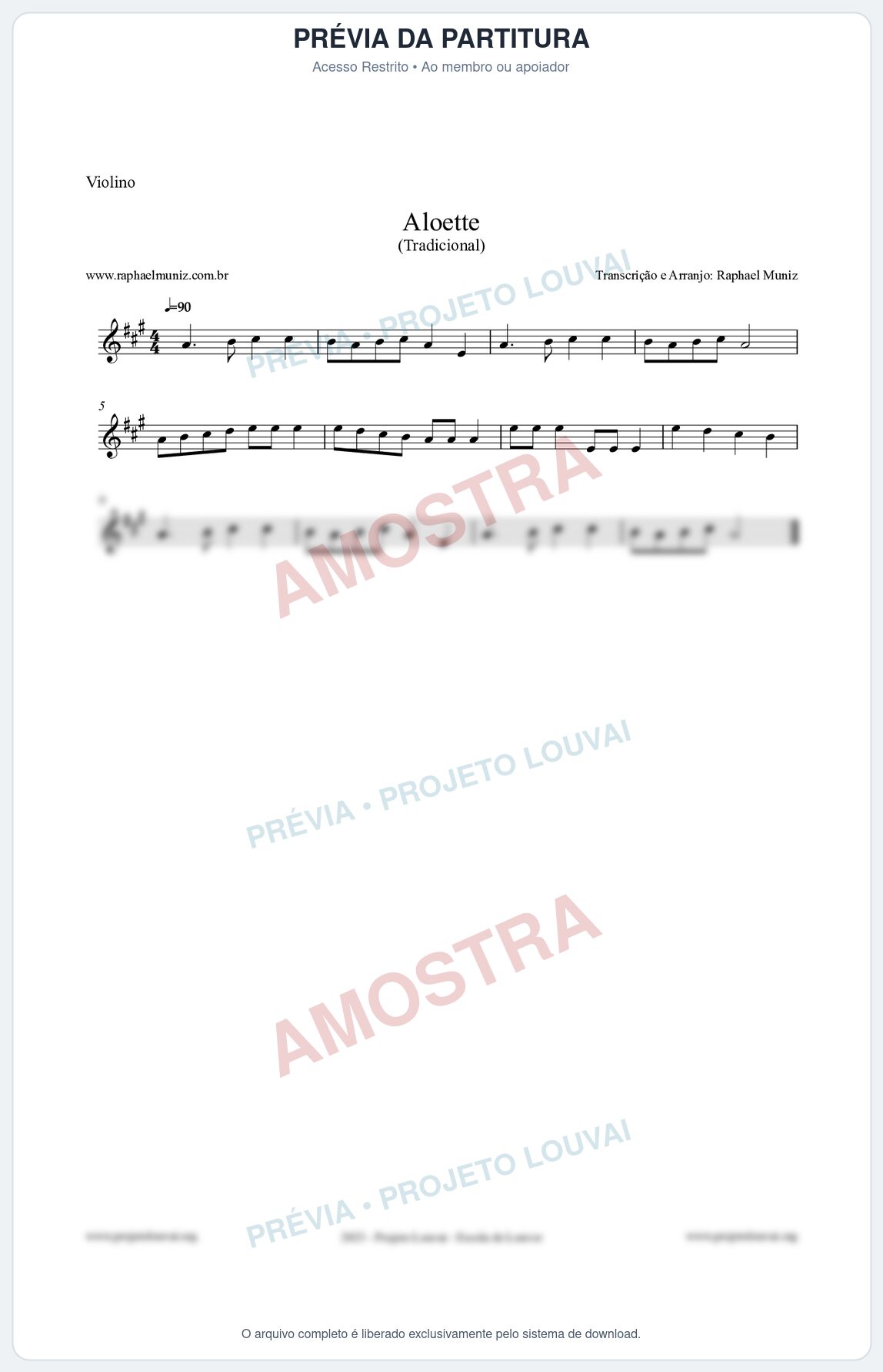 Prévia protegida da primeira página da partitura Partitura para Violino - Aloette - Tradicional