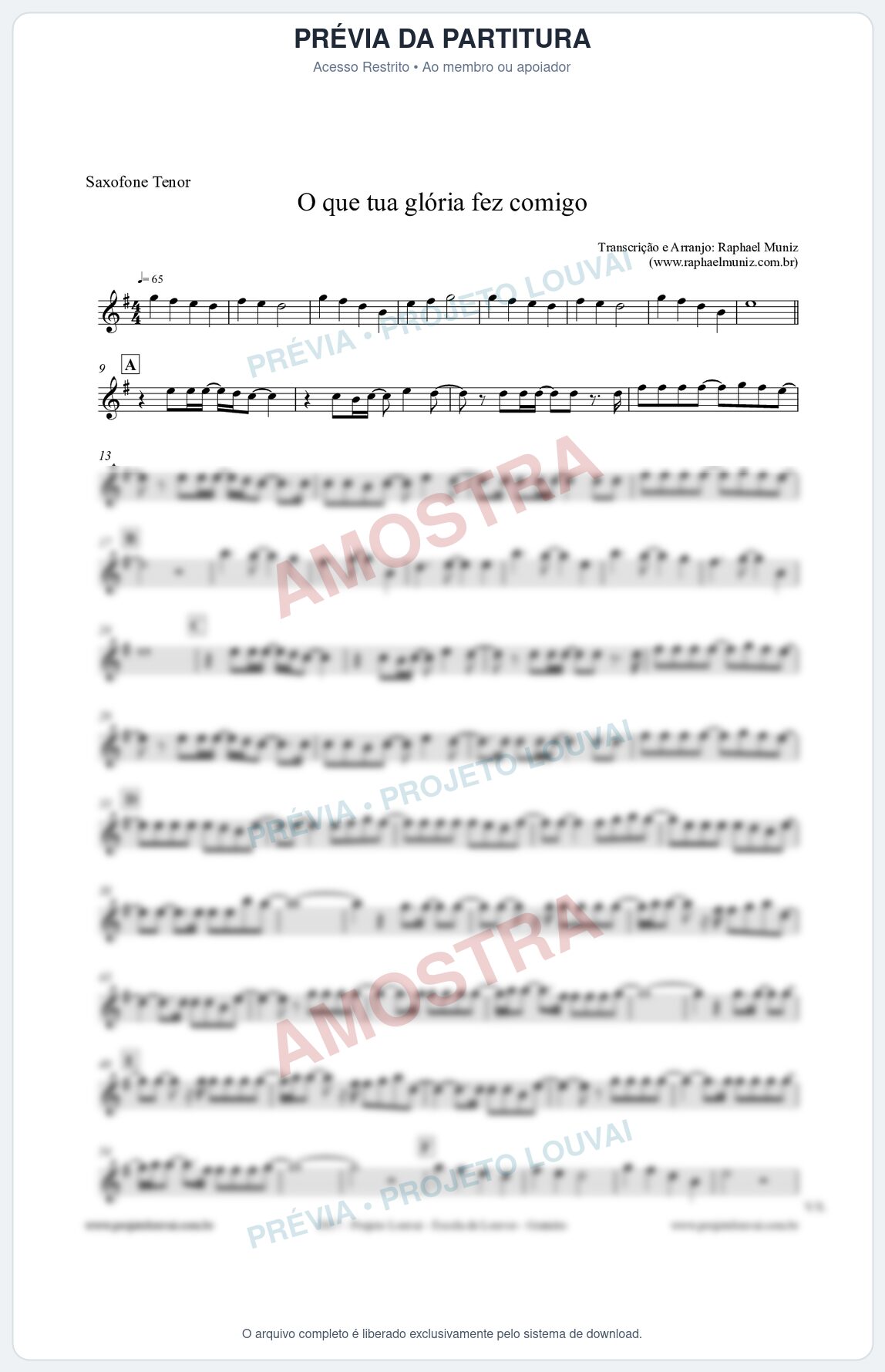Prévia protegida da primeira página da partitura Partitura para Sax Tenor - O que tua glória fez comigo - Fernanda Brum