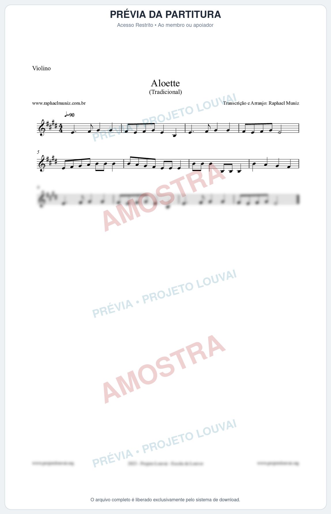 Prévia protegida da primeira página da partitura Partitura para Violino - Aloette - Tradicional