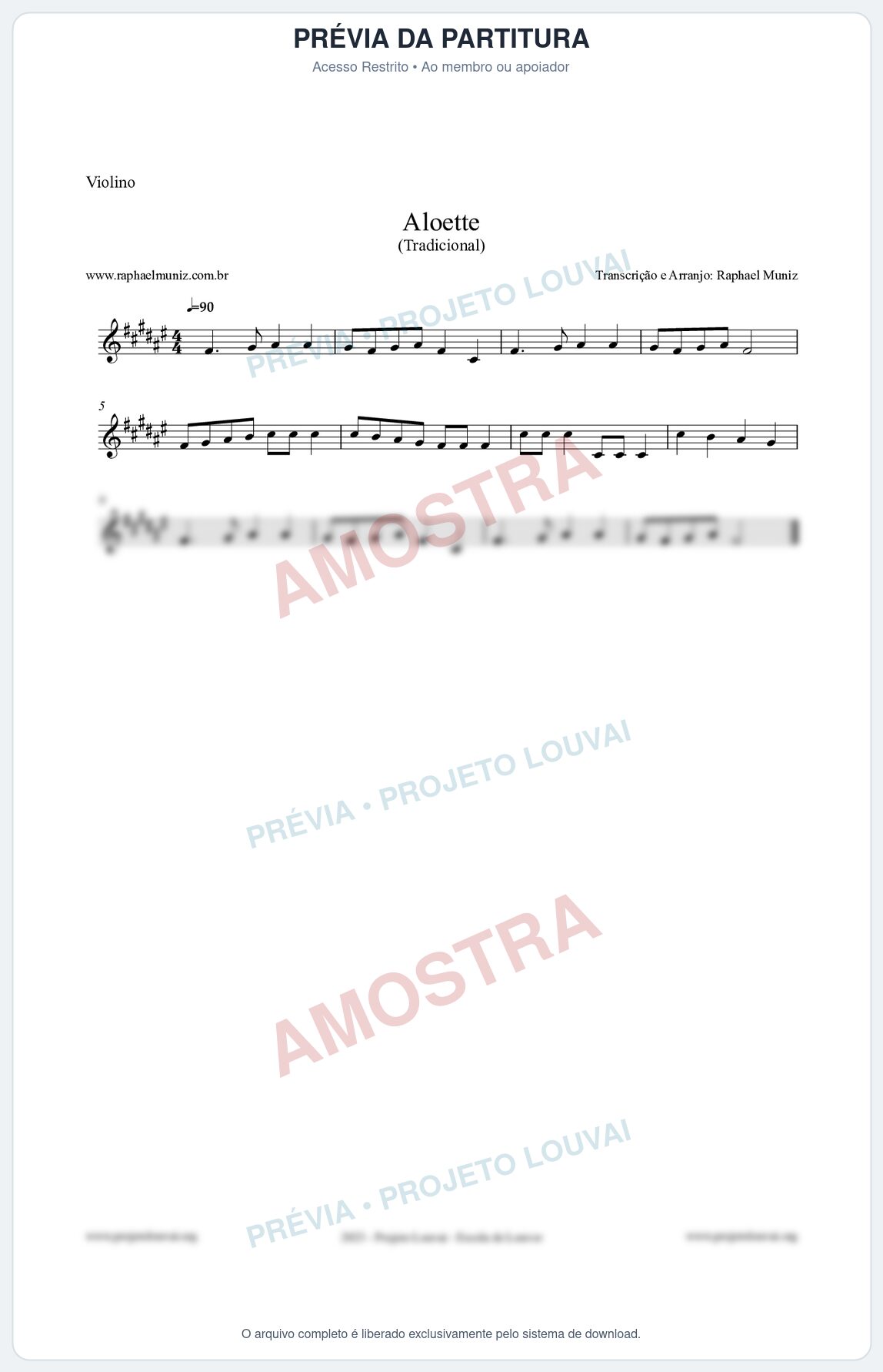 Prévia protegida da primeira página da partitura Partitura para Violino - Aloette - Tradicional