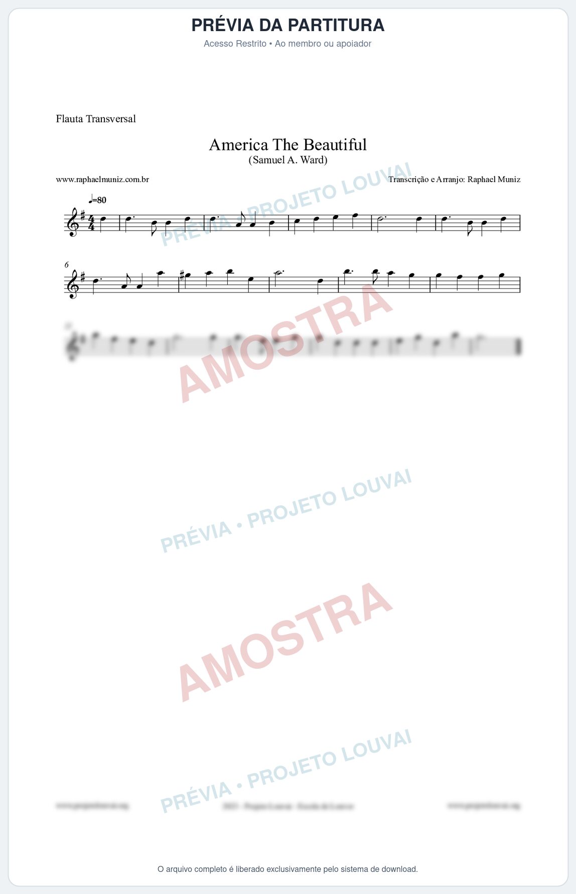 Prévia protegida da primeira página da partitura Partitura para Flauta Transversal - America The Beautiful - Samuel A Ward
