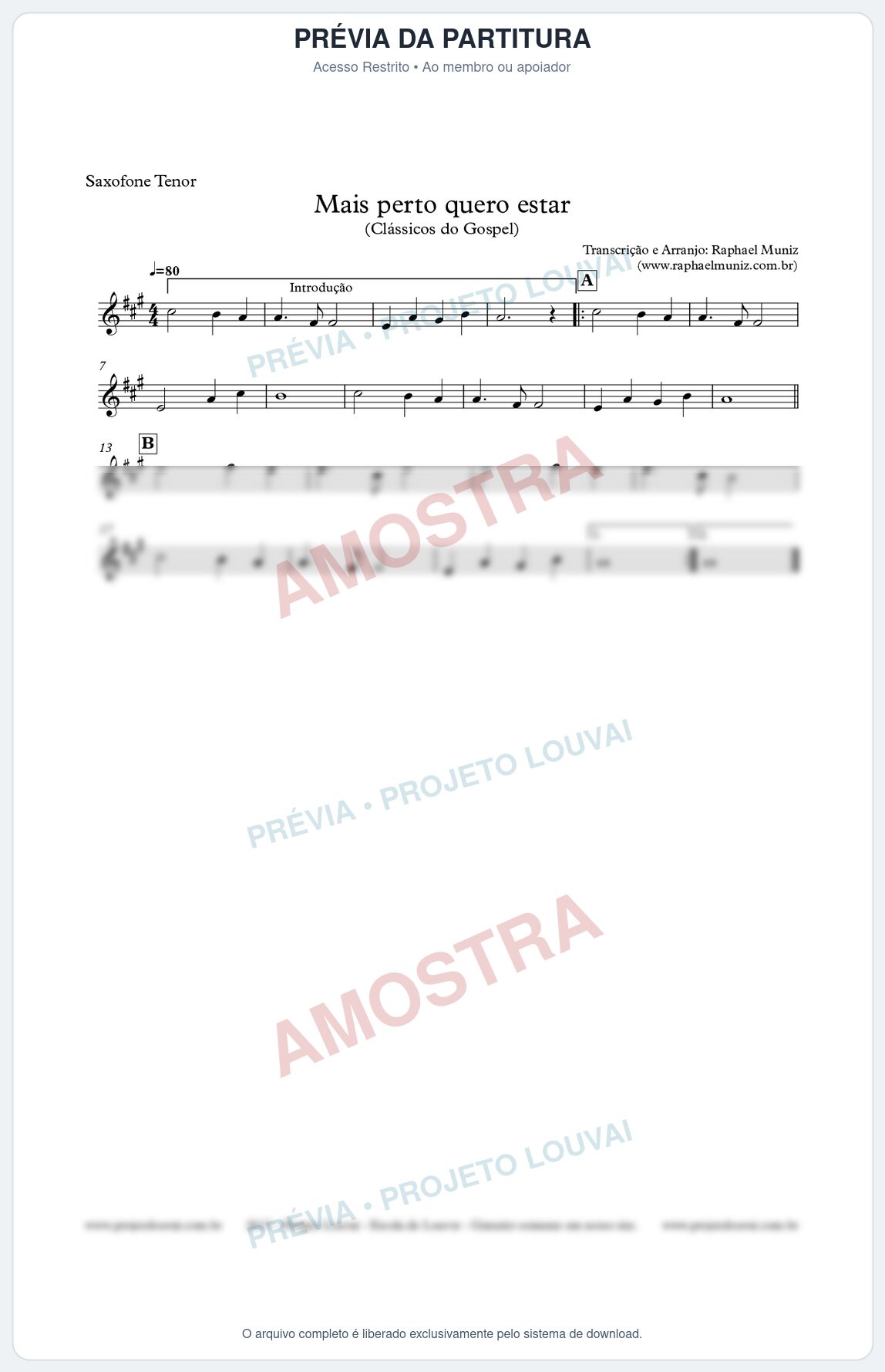 Prévia protegida da primeira página da partitura Partitura para Sax Tenor - Mais Perto quero Estar - Clássicos do Gospel
