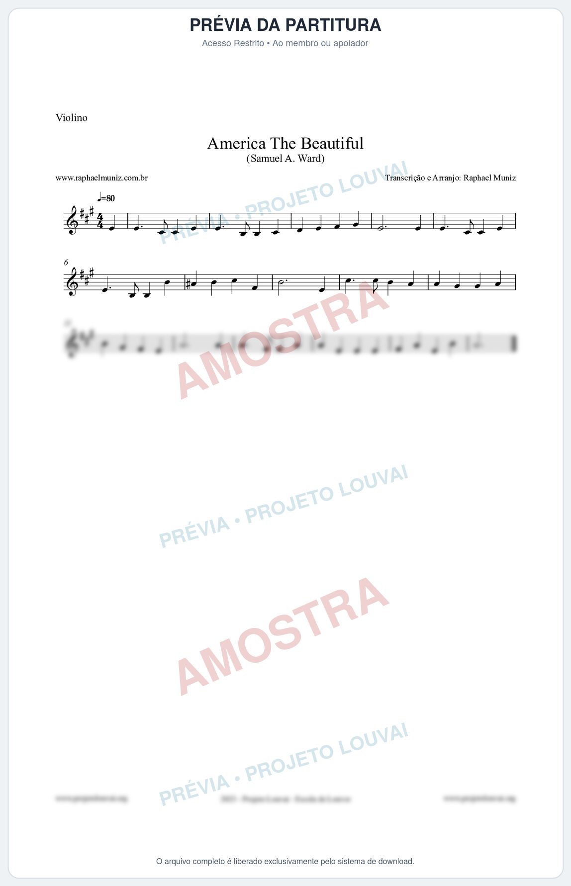 Prévia protegida da primeira página da partitura Partitura para Violino - America The Beautiful - Samuel A Ward