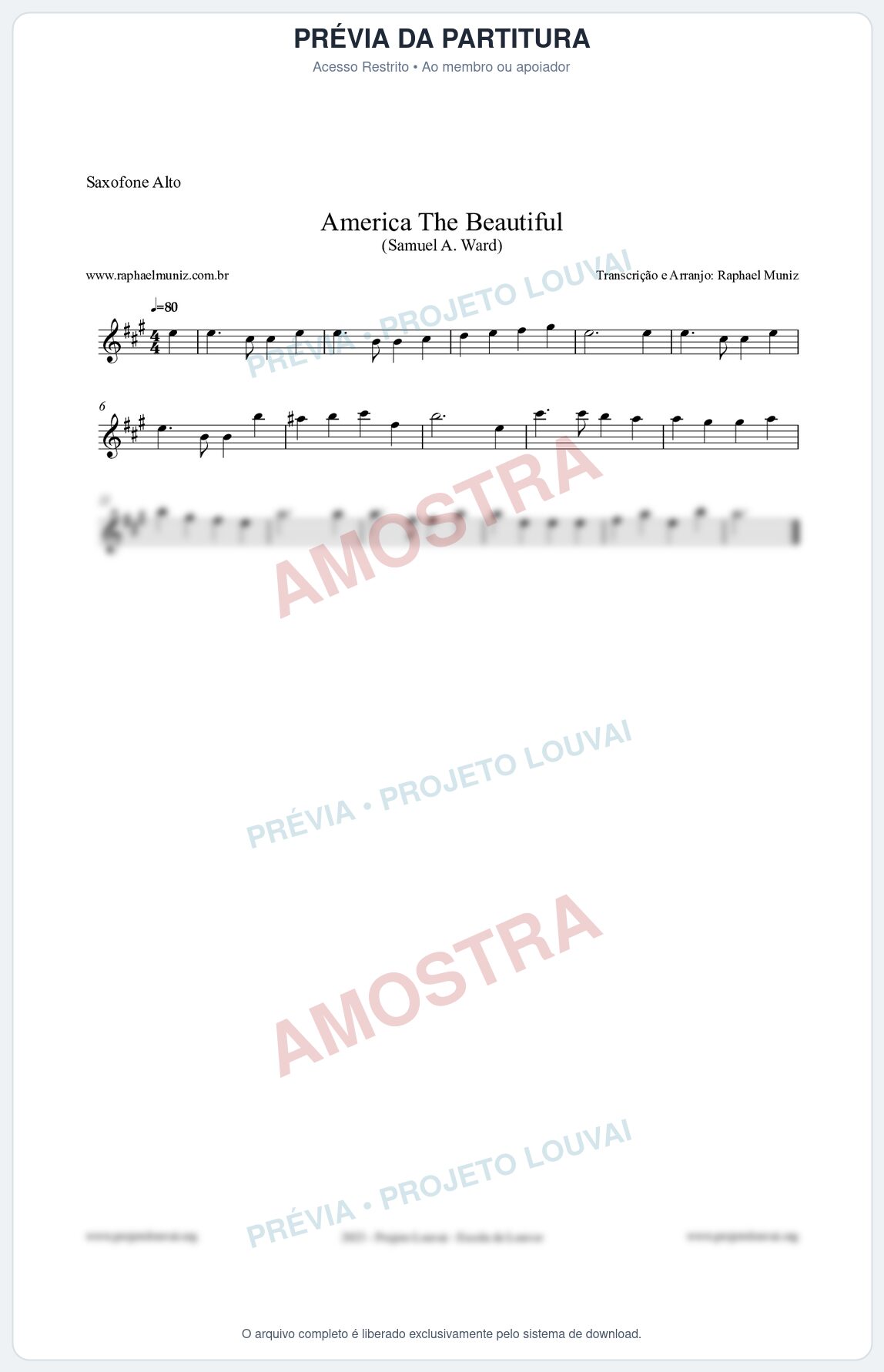 Prévia protegida da primeira página da partitura Partitura para Saxofone Alto - America The Beautiful - Samuel A Ward