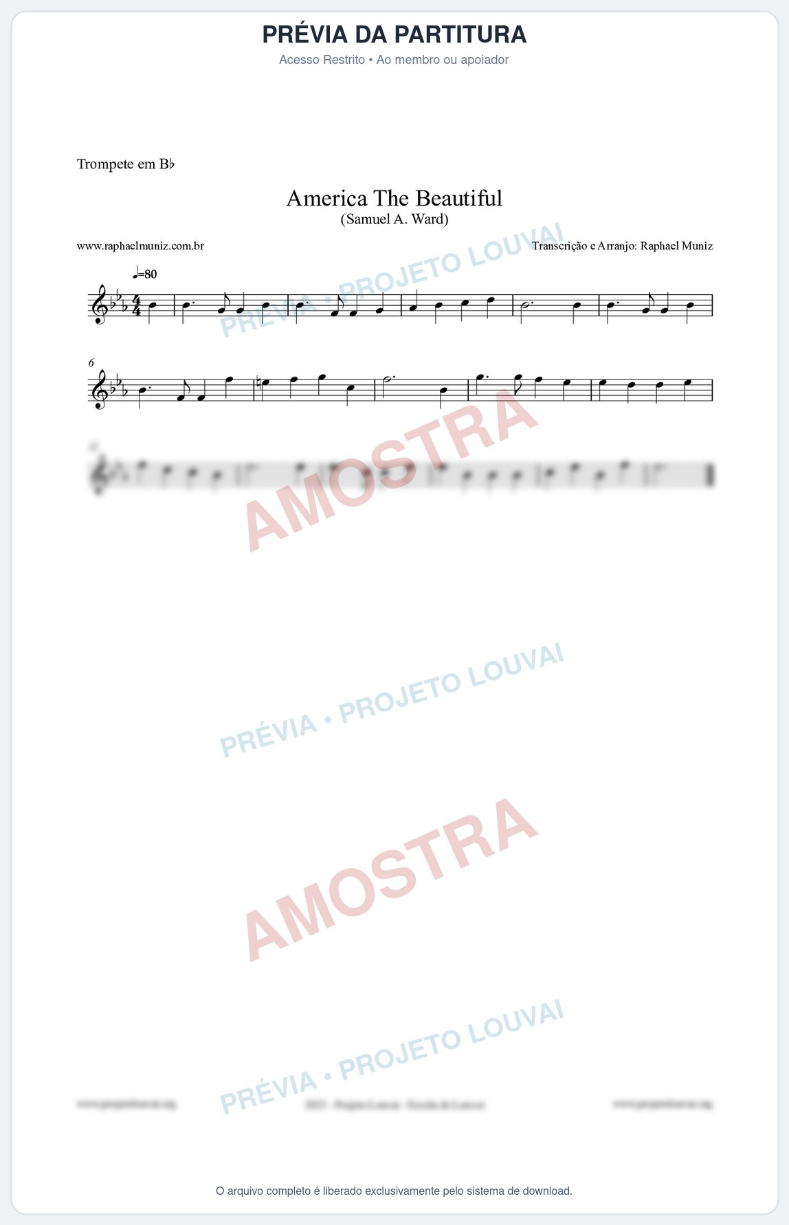 Prévia protegida da primeira página da partitura Partitura para Trompete em Bb - America The Beautiful - Samuel A Ward