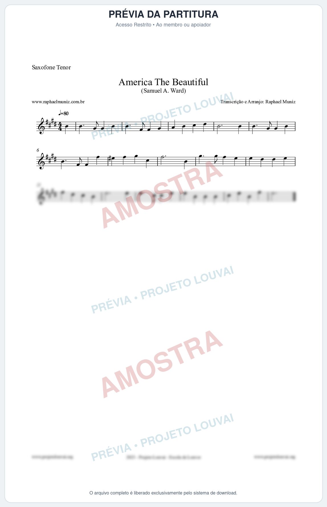 Prévia protegida da primeira página da partitura Partitura para Saxofone Tenor - America The Beautiful - Samuel A Ward