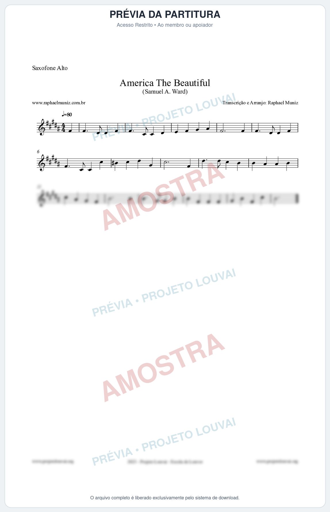 Prévia protegida da primeira página da partitura Partitura para Saxofone Alto - America The Beautiful - Samuel A Ward