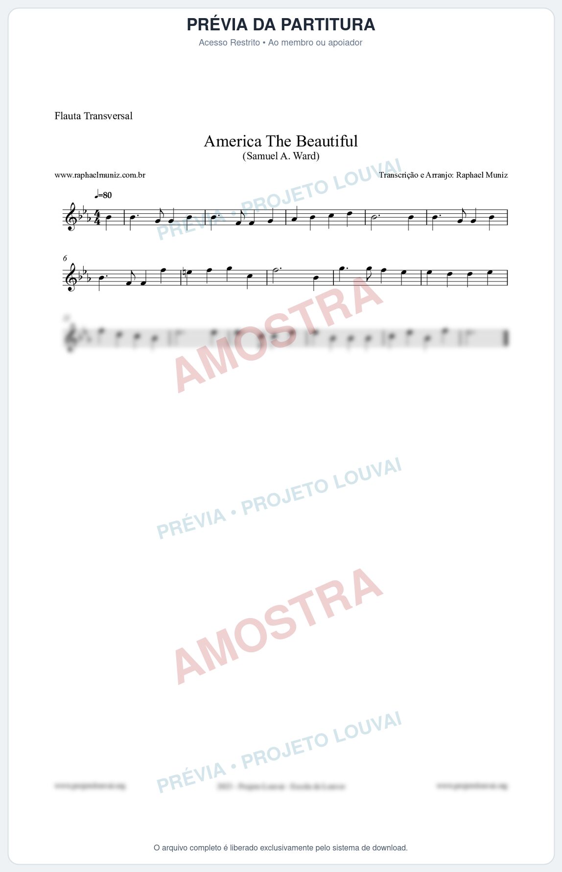 Prévia protegida da primeira página da partitura Partitura para Flauta Transversal - America The Beautiful - Samuel A Ward