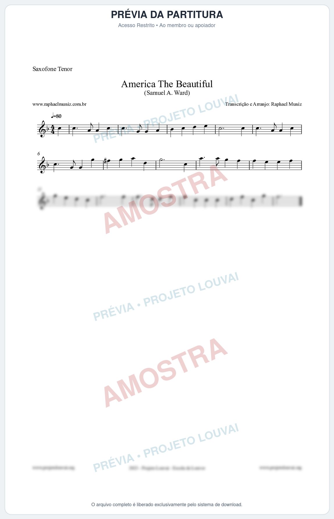 Prévia protegida da primeira página da partitura Partitura para Saxofone Tenor - America The Beautiful - Samuel A Ward