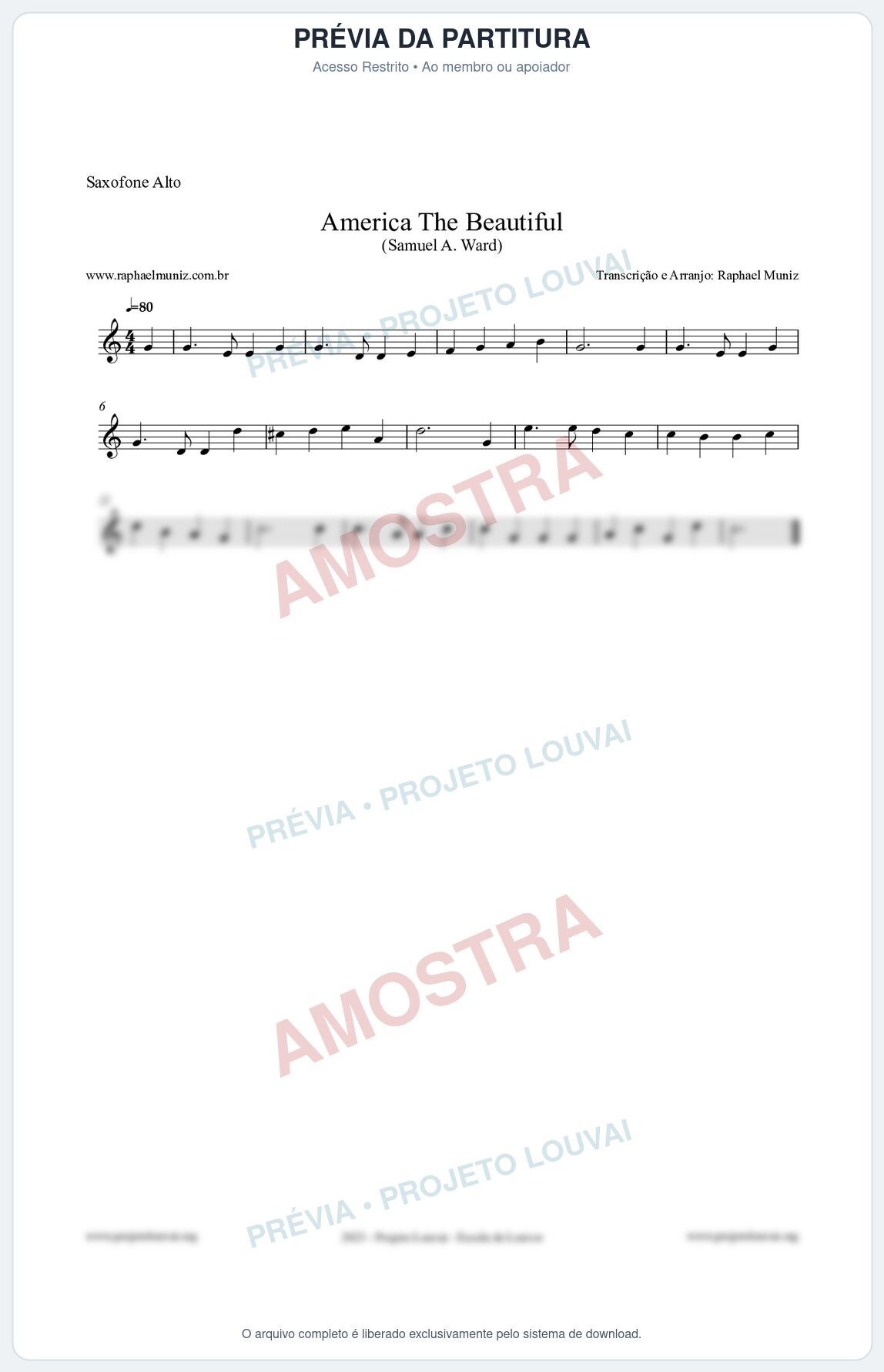Prévia protegida da primeira página da partitura Partitura para Saxofone Alto - America The Beautiful - Samuel A Ward