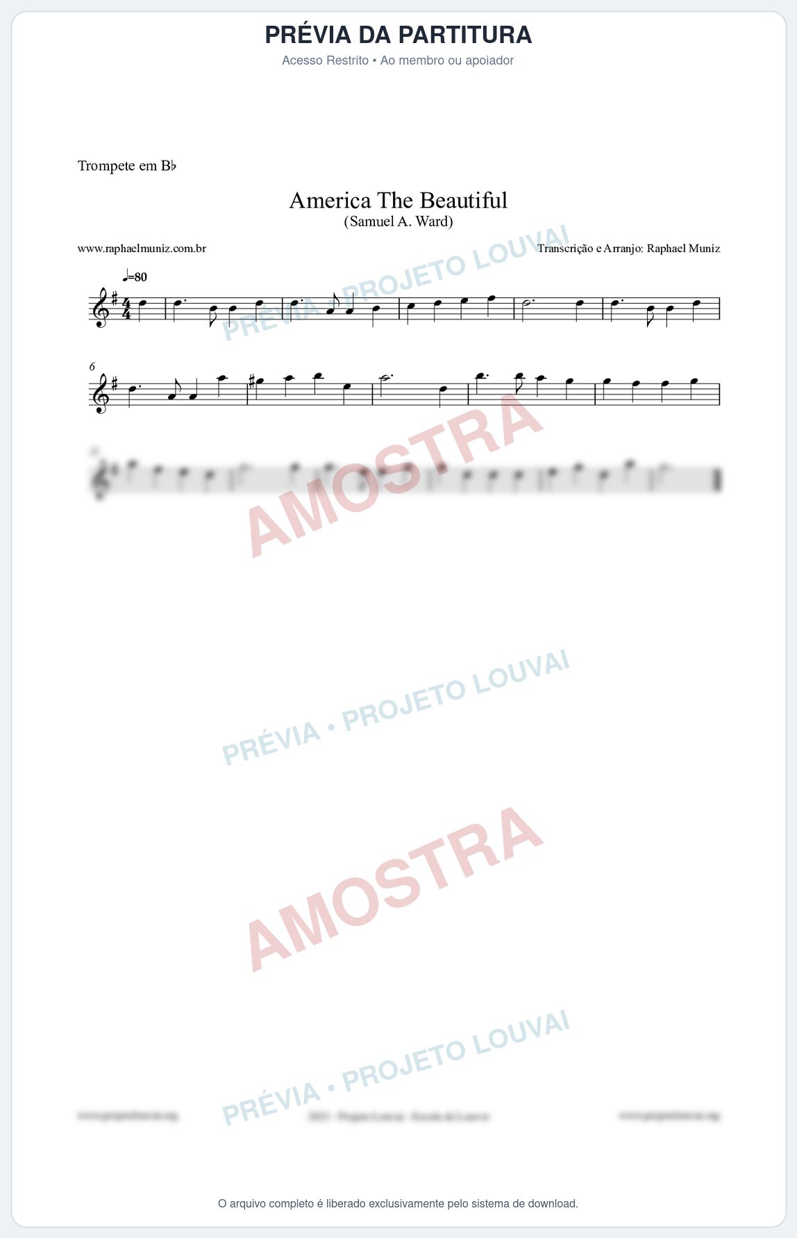 Prévia protegida da primeira página da partitura Partitura para Trompete em Bb - America The Beautiful - Samuel A Ward