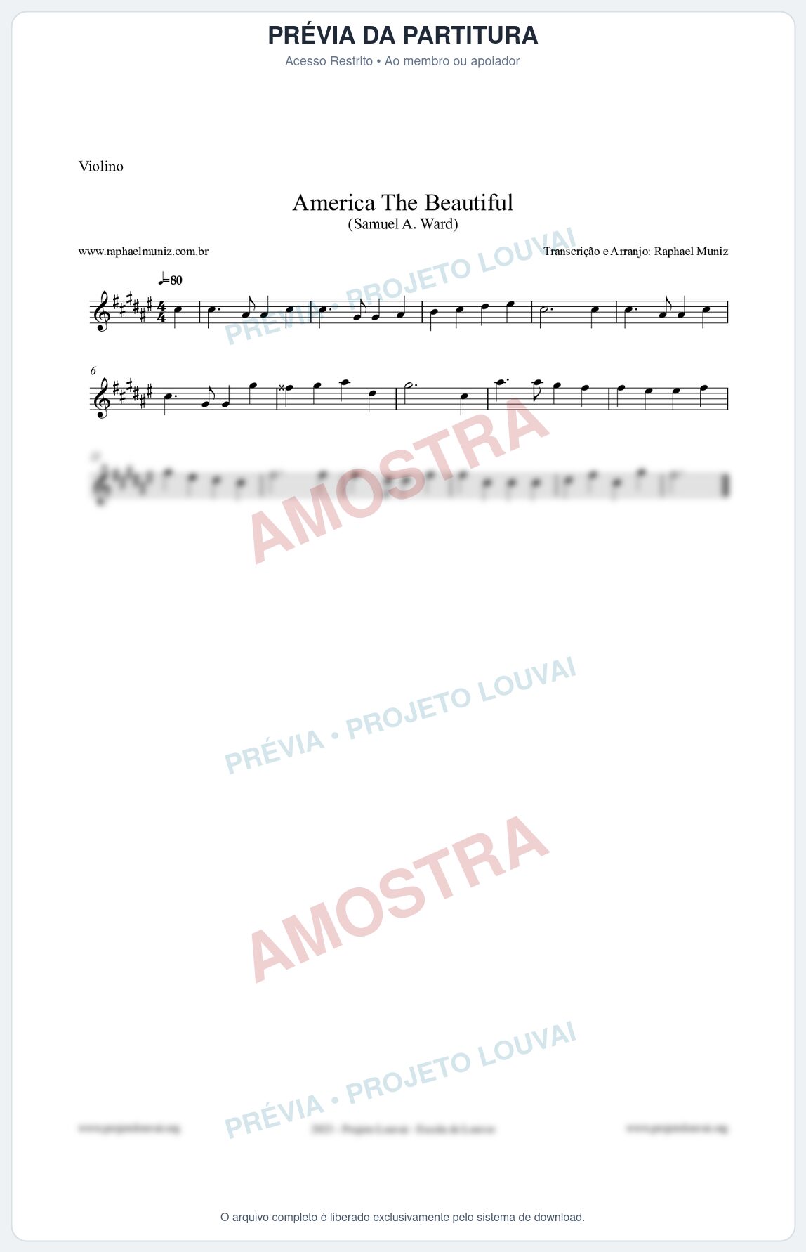 Prévia protegida da primeira página da partitura Partitura para Violino - America The Beautiful - Samuel A Ward