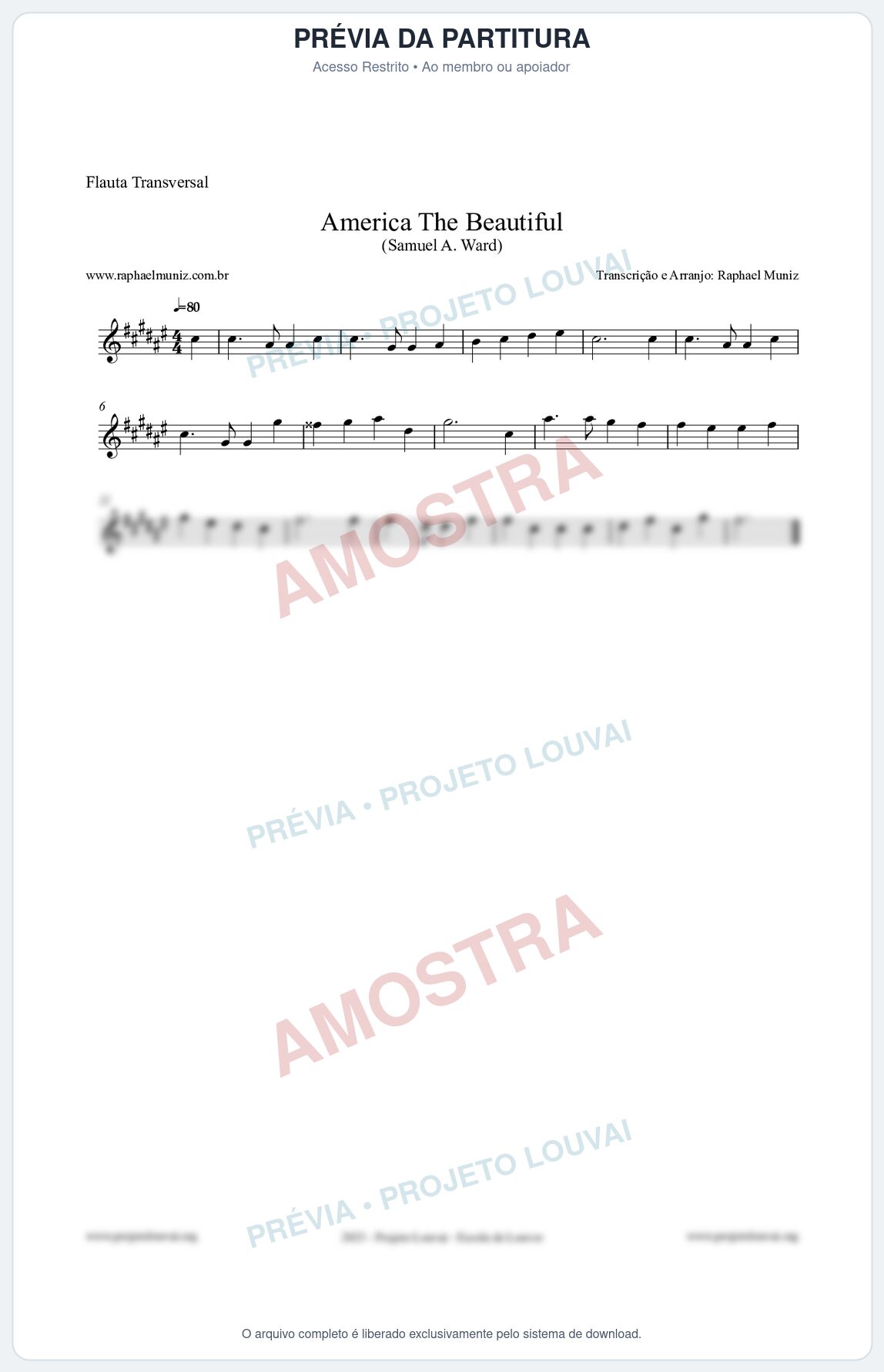 Prévia protegida da primeira página da partitura Partitura para Flauta Transversal - America The Beautiful - Samuel A Ward