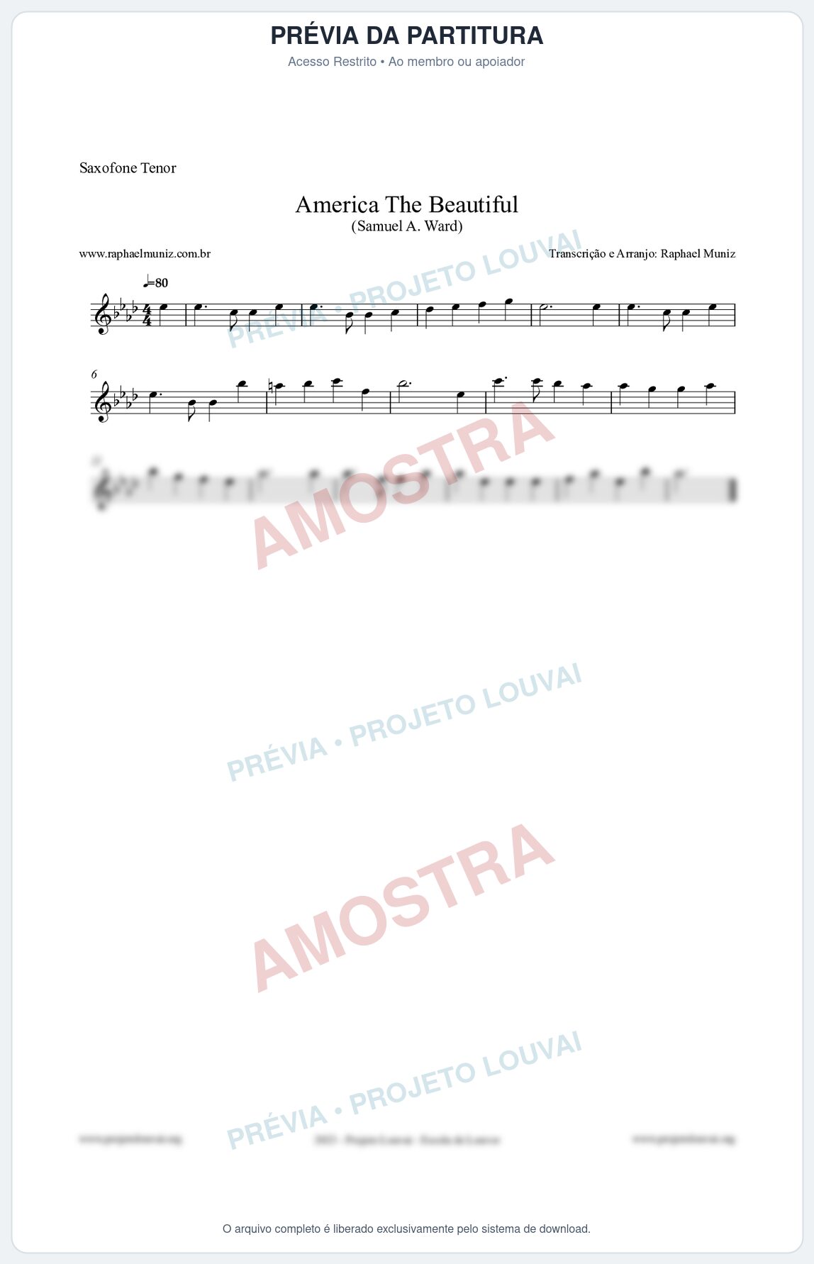 Prévia protegida da primeira página da partitura Partitura para Saxofone Tenor - America The Beautiful - Samuel A Ward