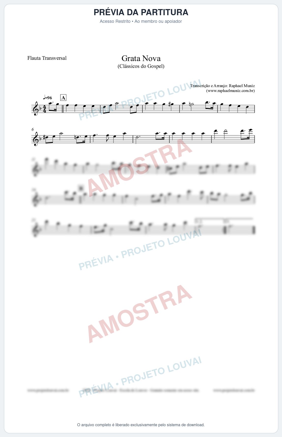 Prévia protegida da primeira página da partitura Partitura para Flauta Transversal - Grata Nova - Harpa Cristã 18 (Tom Dm) - Clássicos do Gospel