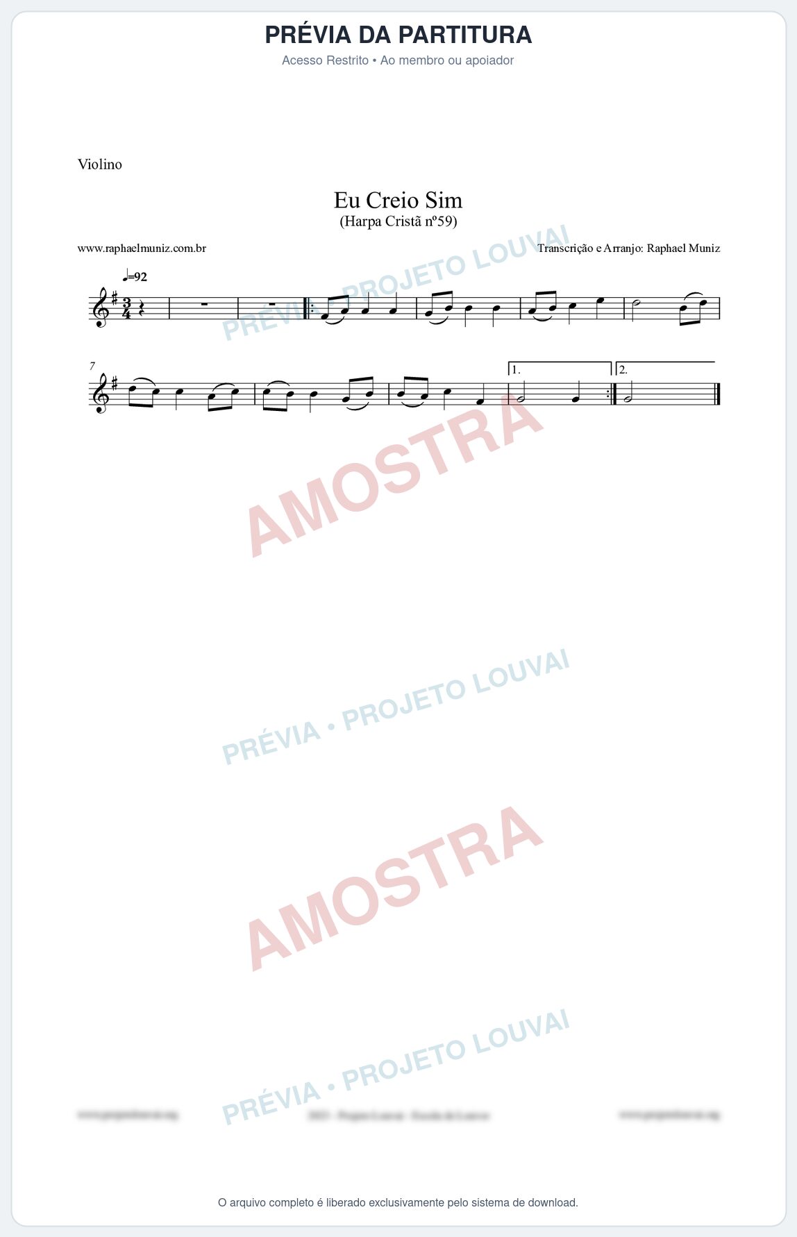 Prévia protegida da primeira página da partitura Partitura para Violino - Eu Creio Sim - Harpa Cristã nº59 - Clássicos do Gospel