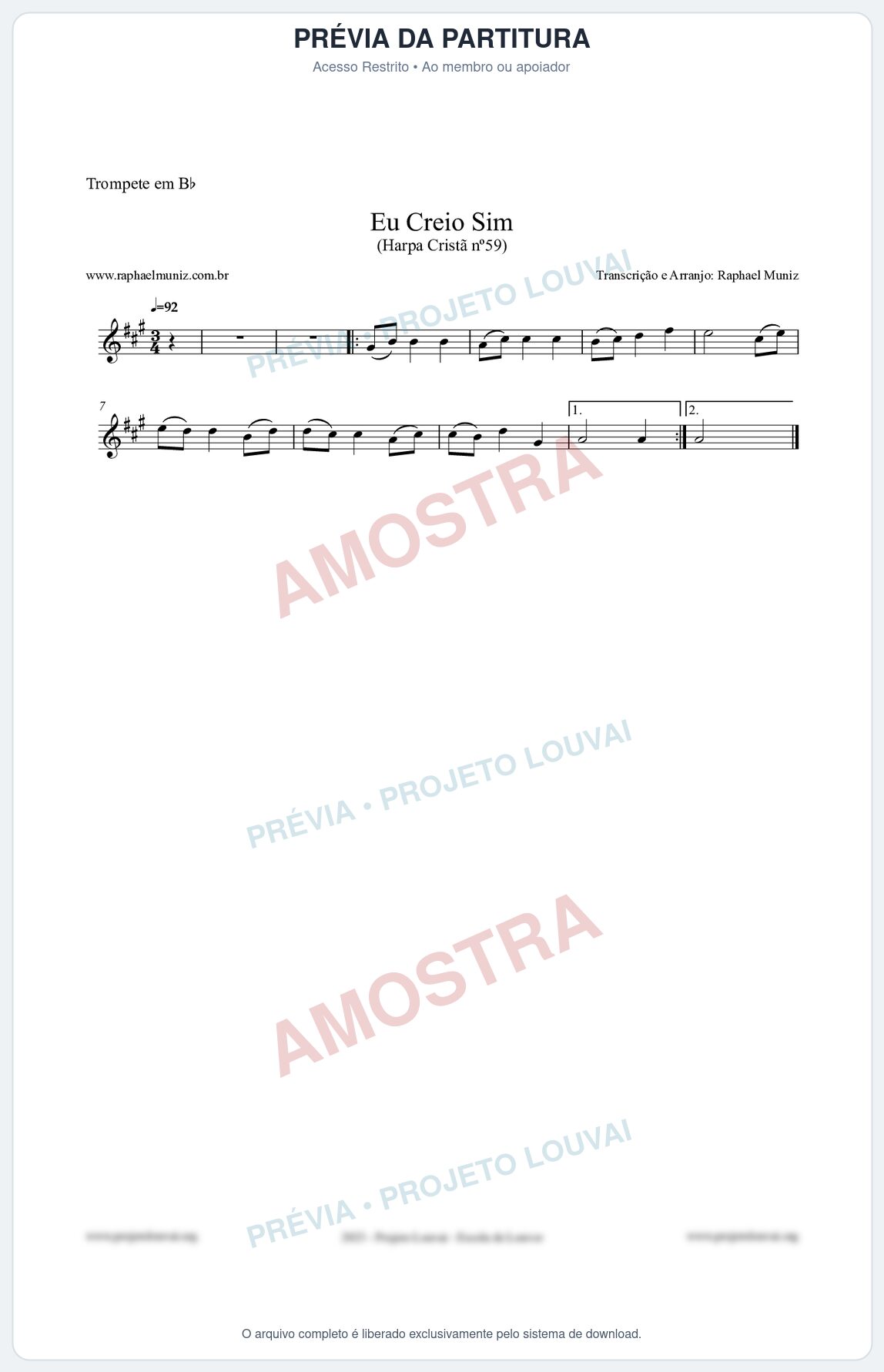 Prévia protegida da primeira página da partitura Partitura para Trompete em Bb - Eu Creio Sim - Harpa Cristã nº59 - Clássicos do Gospel
