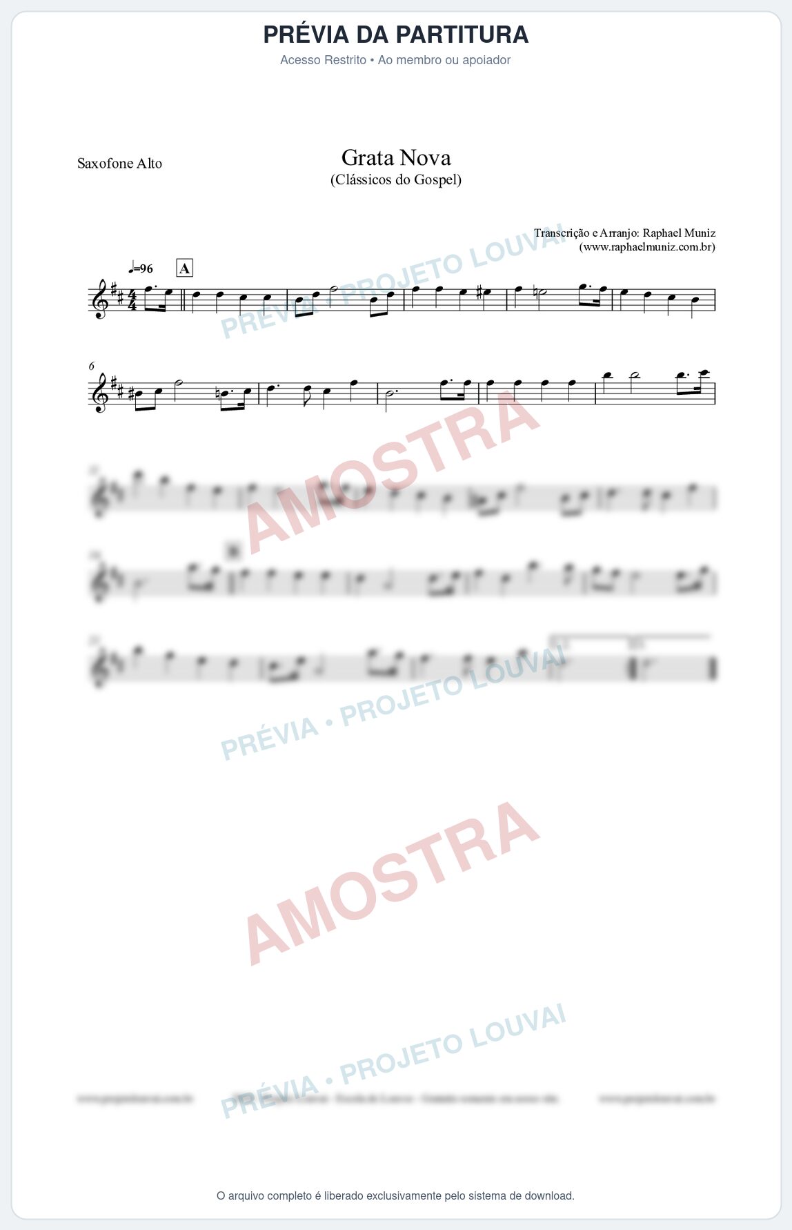 Prévia protegida da primeira página da partitura Partitura para Saxofone Alto - Grata Nova - Harpa Cristã 18 (Tom Dm) - Clássicos do Gospel