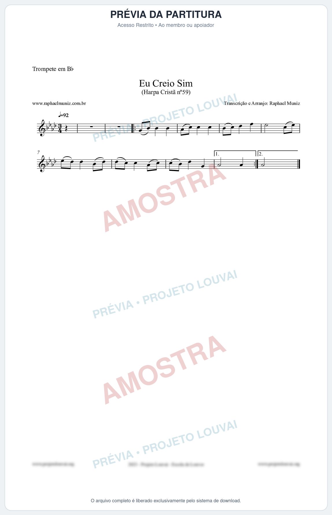 Prévia protegida da primeira página da partitura Partitura para Trompete em Bb - Eu Creio Sim - Harpa Cristã nº59 - Clássicos do Gospel