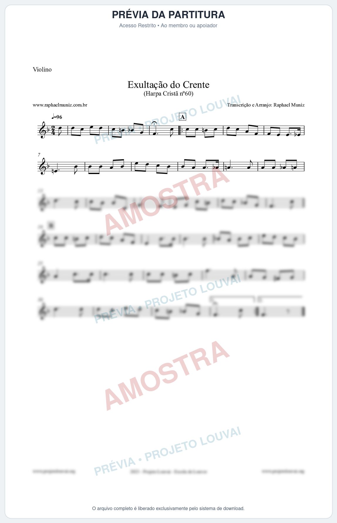 Prévia protegida da primeira página da partitura Partitura para Violino - Exultação do Crente - Harpa Cristã nº60 - Clássicos do Gospel