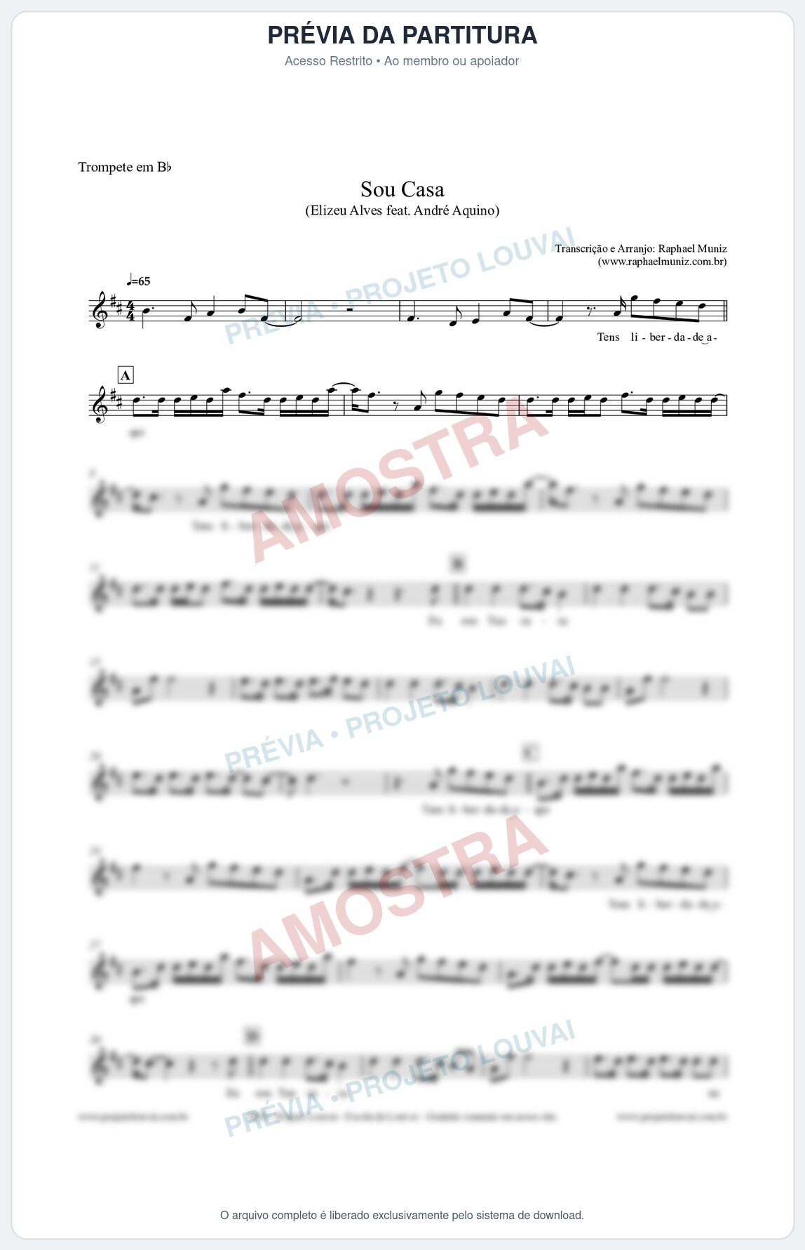 Prévia protegida da primeira página da partitura Partitura para Trompete em Bb - Sou Casa (Tom C) - Elizeu Alves feat André Aquino