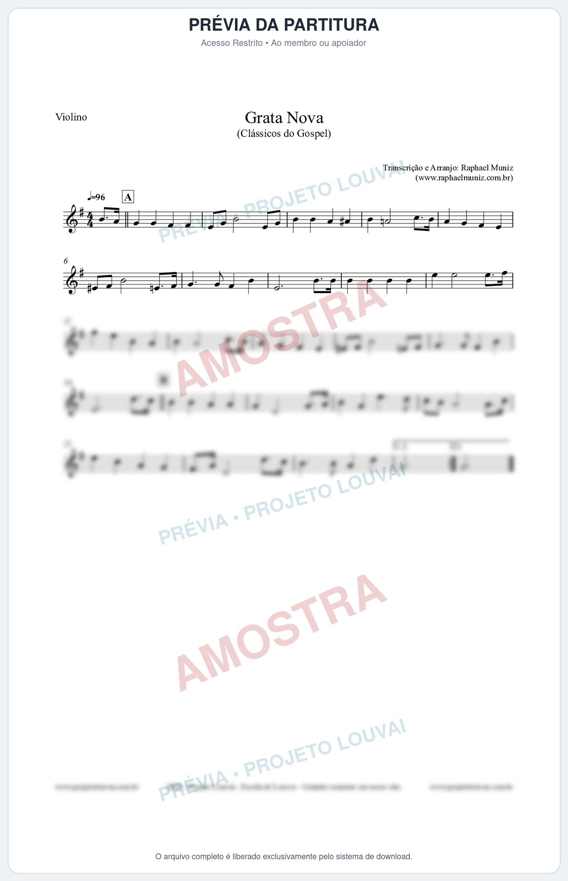 Prévia protegida da primeira página da partitura Partitura para Violino - Grata Nova - Harpa Cristã 18 (Tom Em) - Clássicos do Gospel