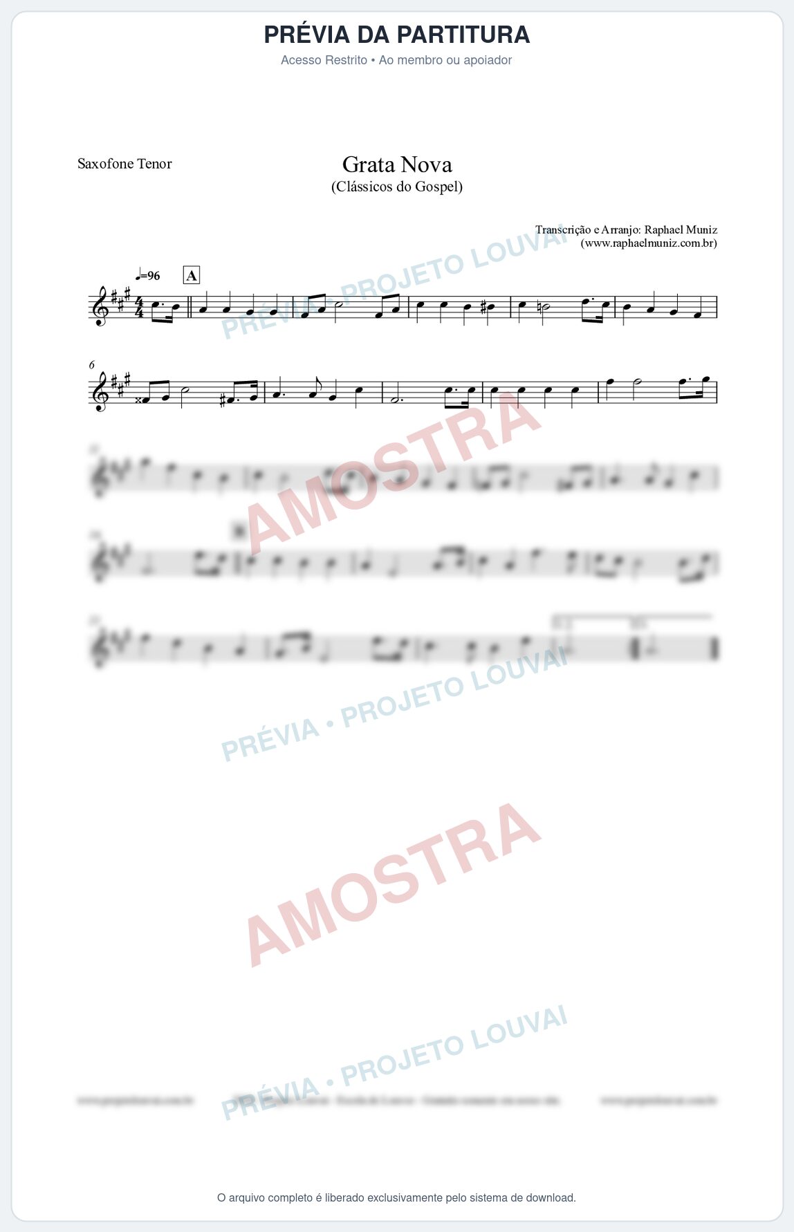 Prévia protegida da primeira página da partitura Partitura para Saxofone Tenor - Grata Nova - Harpa Cristã 18 (Tom Em) - Clássicos do Gospel