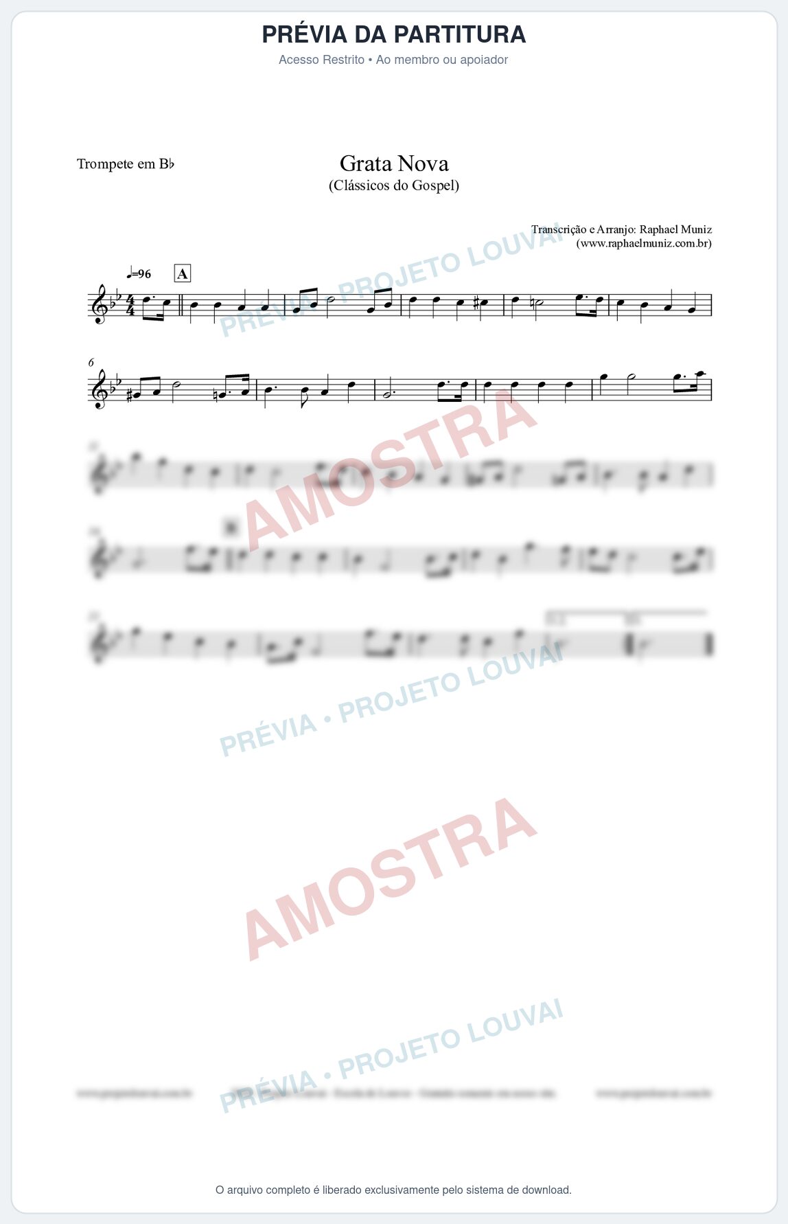 Prévia protegida da primeira página da partitura Partitura para Trompete em Bb - Grata Nova - Harpa Cristã 18 (Tom Fm) - Clássicos do Gospel
