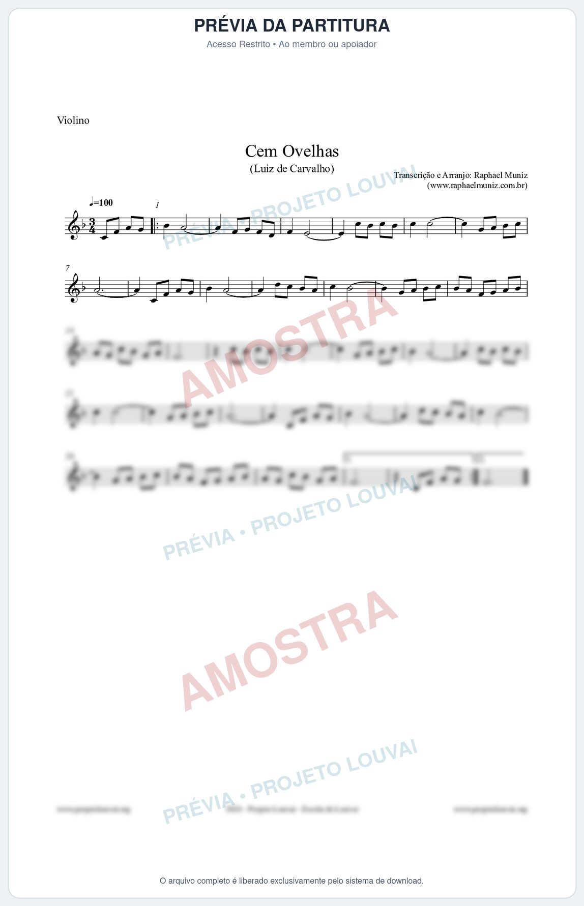 Prévia protegida da primeira página da partitura Partitura para Violino - Cem Ovelhas - Luiz de Carvalho