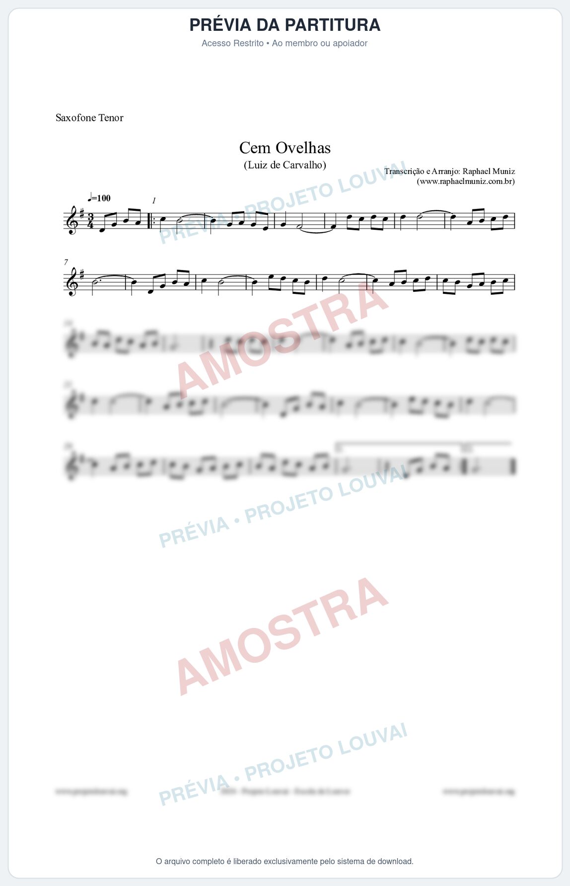 Prévia protegida da primeira página da partitura Partitura para Saxofone Tenor - Cem Ovelhas - Luiz de Carvalho