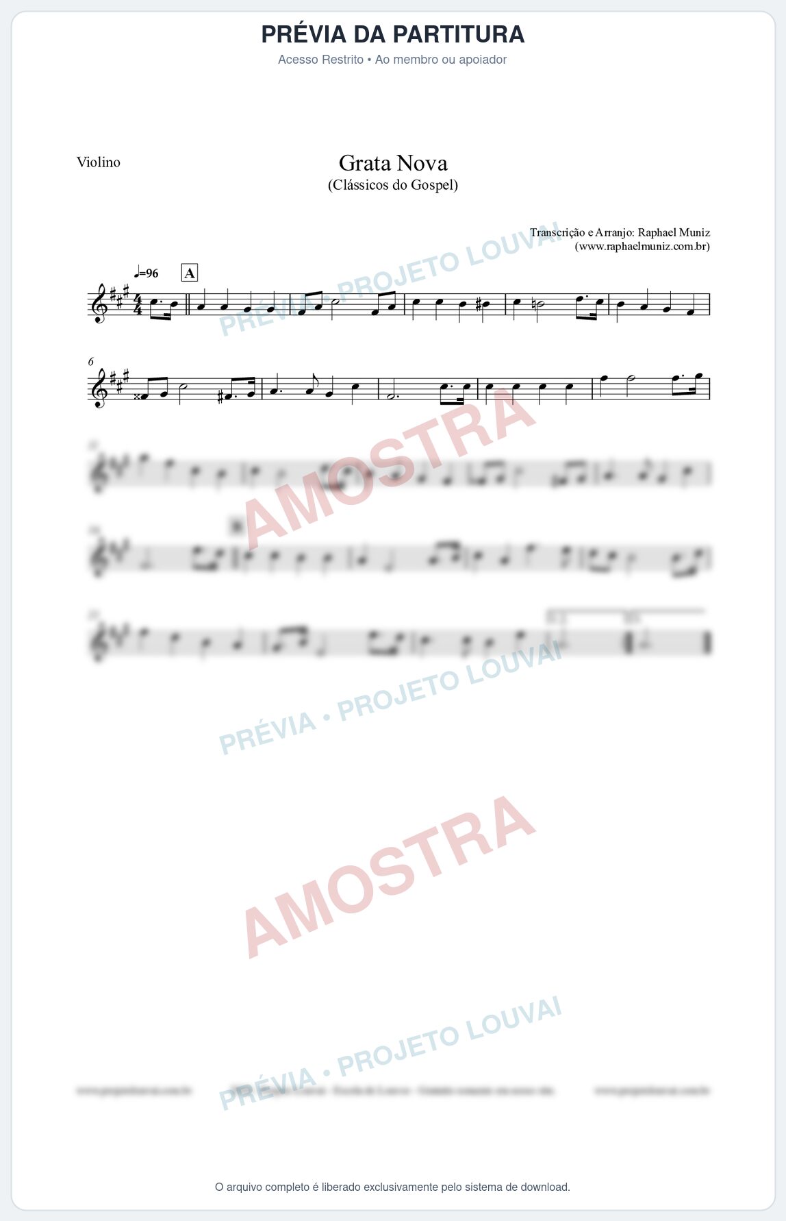 Prévia protegida da primeira página da partitura Partitura para Violino - Grata Nova - Harpa Cristã 18 (Tom F#m) - Clássicos do Gospel