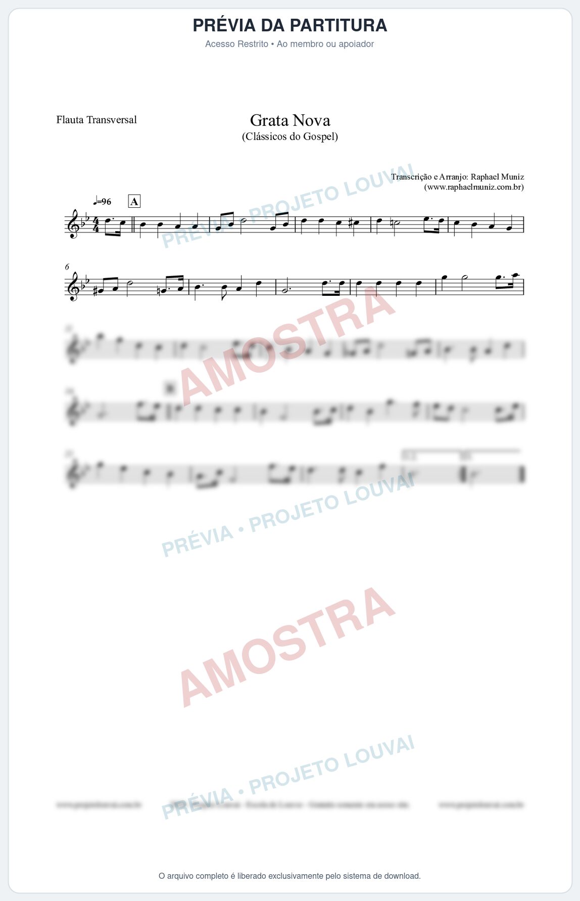 Prévia protegida da primeira página da partitura Partitura para Flauta Transversal - Grata Nova - Harpa Cristã 18 (Tom Gm) - Clássicos do Gospel