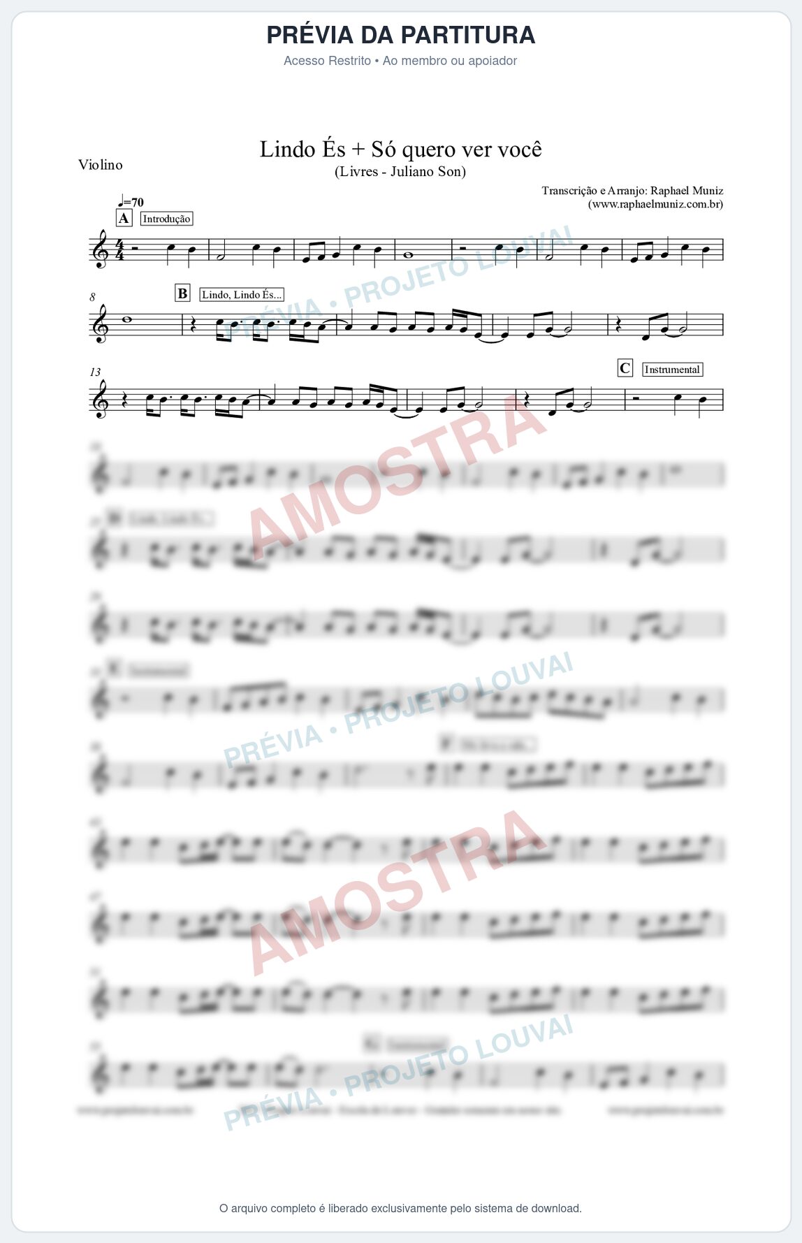 Prévia protegida da primeira página da partitura Partitura para Violino - Lindo És + Só quero ver você - Livres - Juliano Son