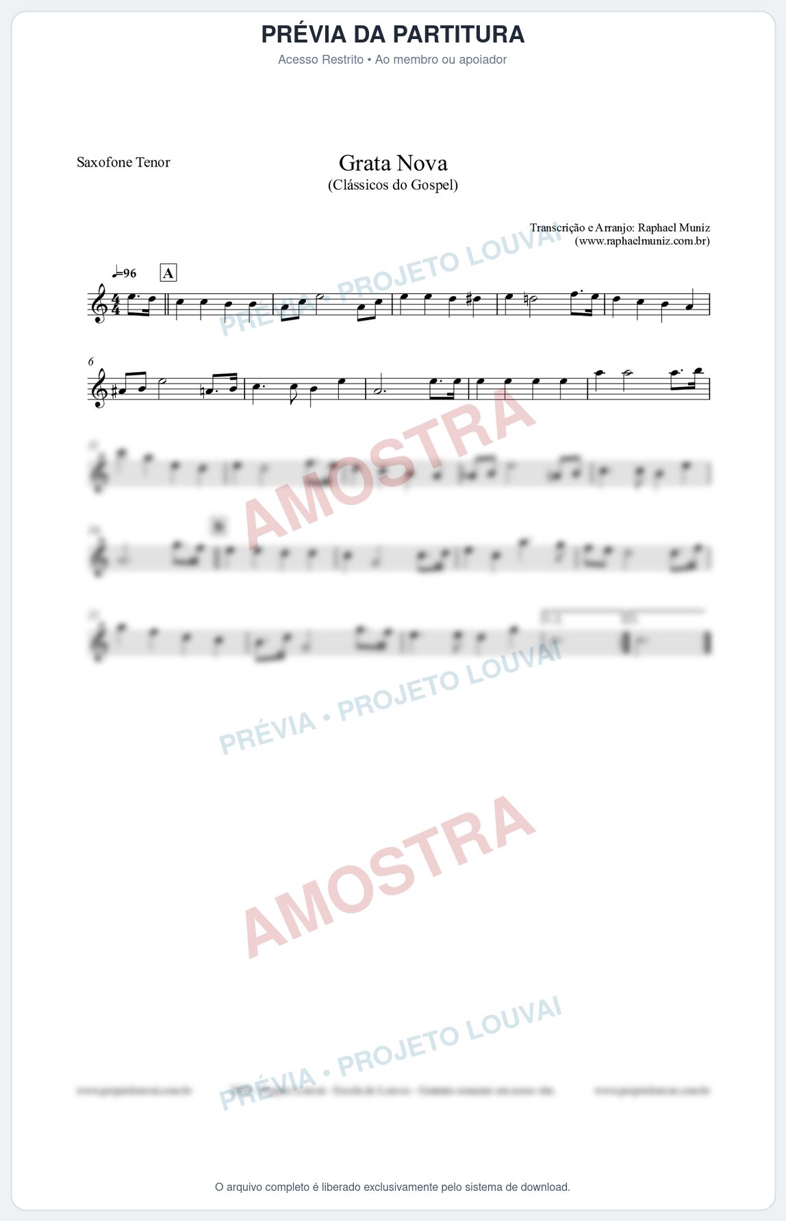 Prévia protegida da primeira página da partitura Partitura para Saxofone Tenor - Grata Nova - Harpa Cristã 18 (Tom Gm) - Clássicos do Gospel