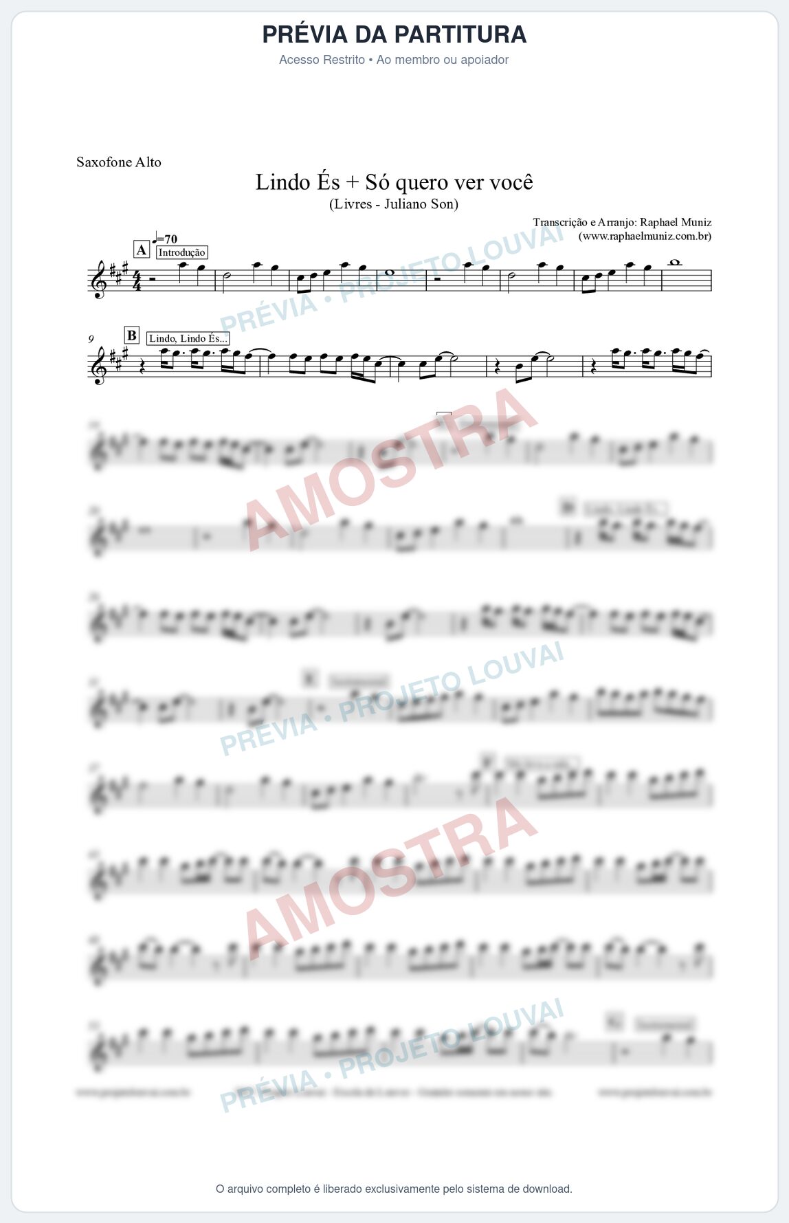 Prévia protegida da primeira página da partitura Partitura para Sax Alto - Lindo És + Só quero ver você - Livres - Juliano Son