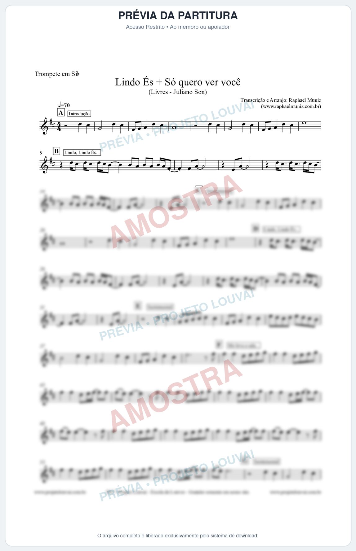 Prévia protegida da primeira página da partitura Partitura para Trompete - Lindo És + Só quero ver você - Livres - Juliano Son